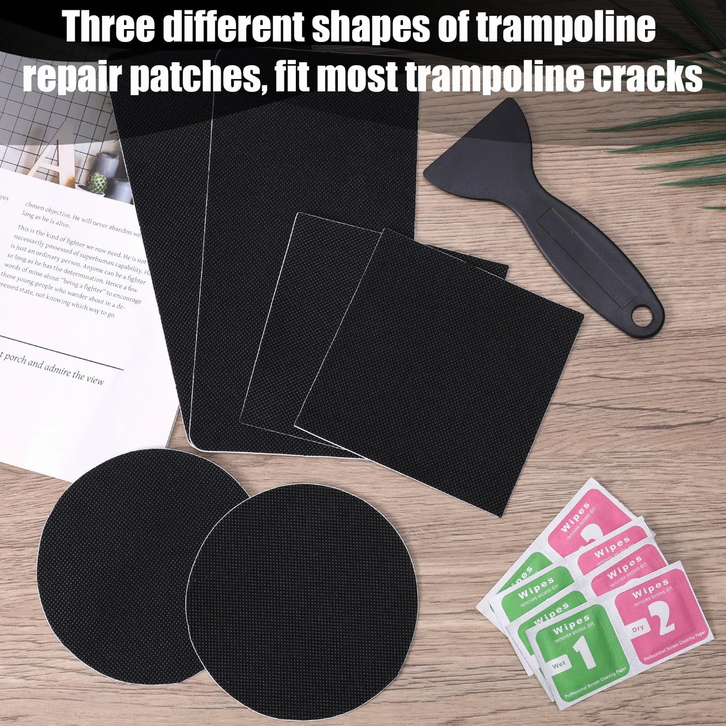 Tinoaly 6szt Samoprzylepny Zestaw Naprawczy do Trampoliny, 3 Kształty Łatek Akcesoria Taśmy Naprawczej Mat Trampolinowych do Naprawy Rozdarć Dziur Przebić w Matach Trampolinowych (Czarny)