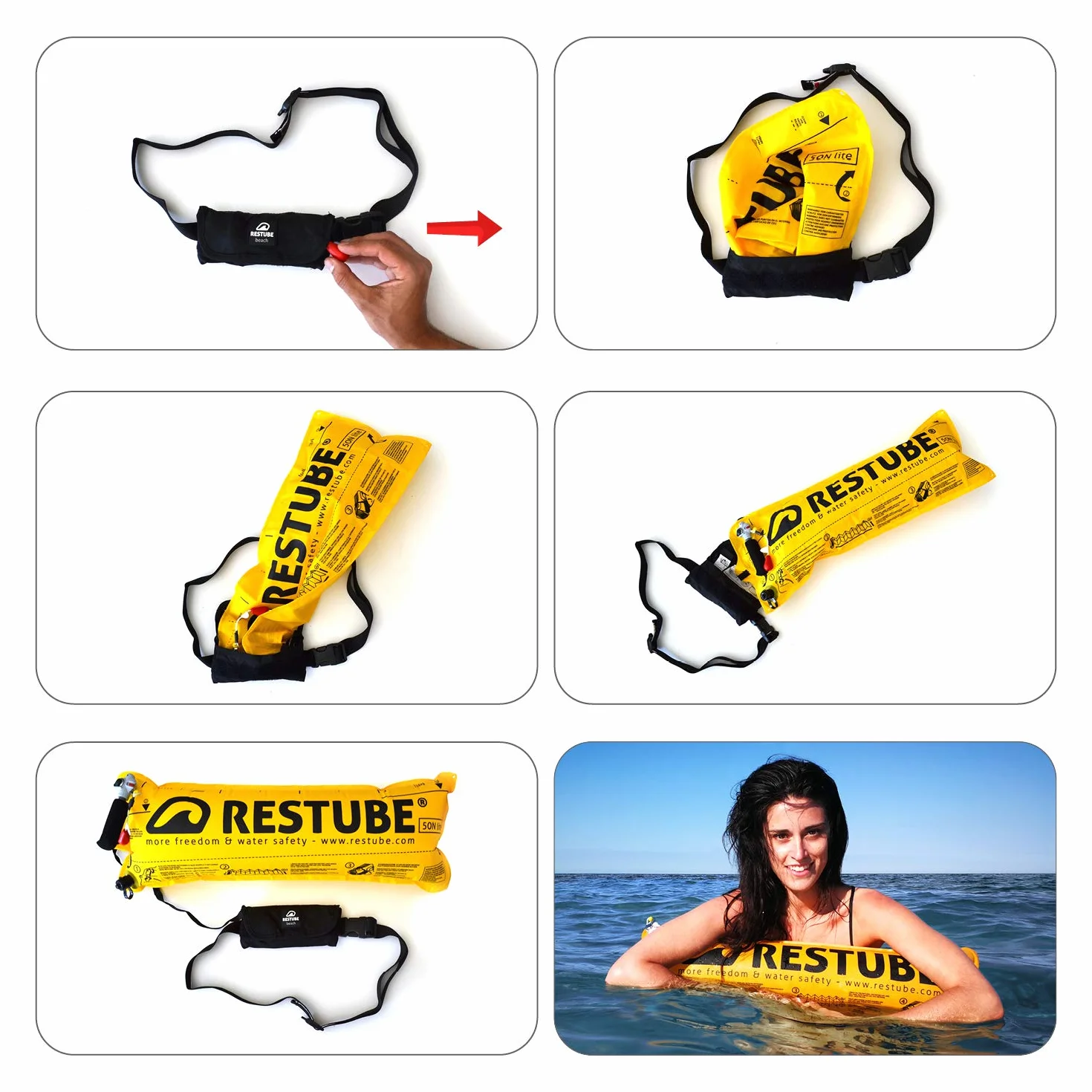 Zestaw startowy Restube BEACH Float wspomagający wyporność | Zawiera nadmuchiwaną boję bezpieczeństwa do wody za jednym pociągnięciem, 2 wymienne naboje CO2 i wodoodporną taśmę odblaskową