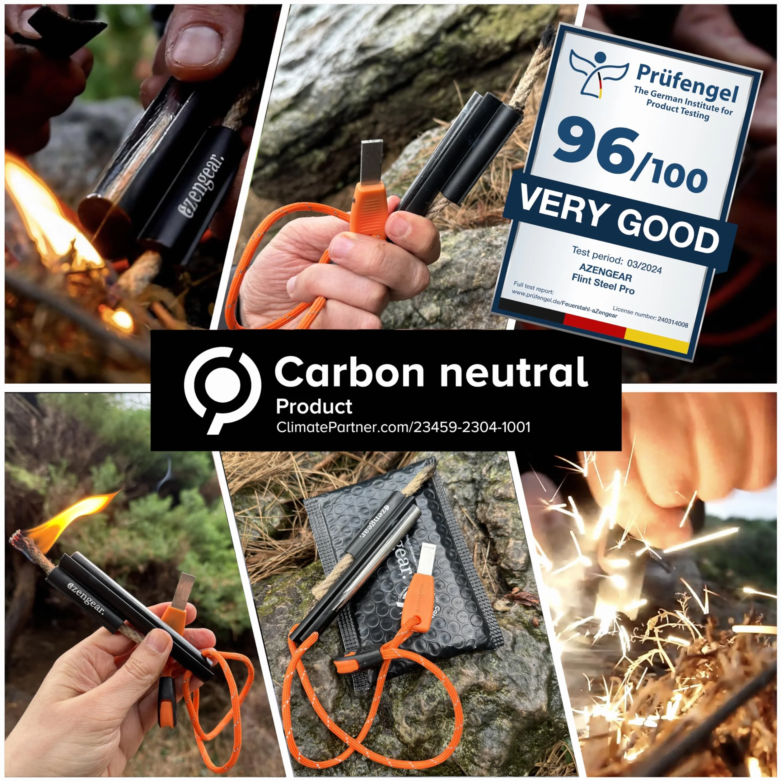 aZengear Camping Bushcraft Flint Steel Pro Fire Starter, XXL Ferro Rod, HSS Striker, Tinder Wick Rope, Paracord, wodoodporny zestaw survivalowy na świeżym powietrzu