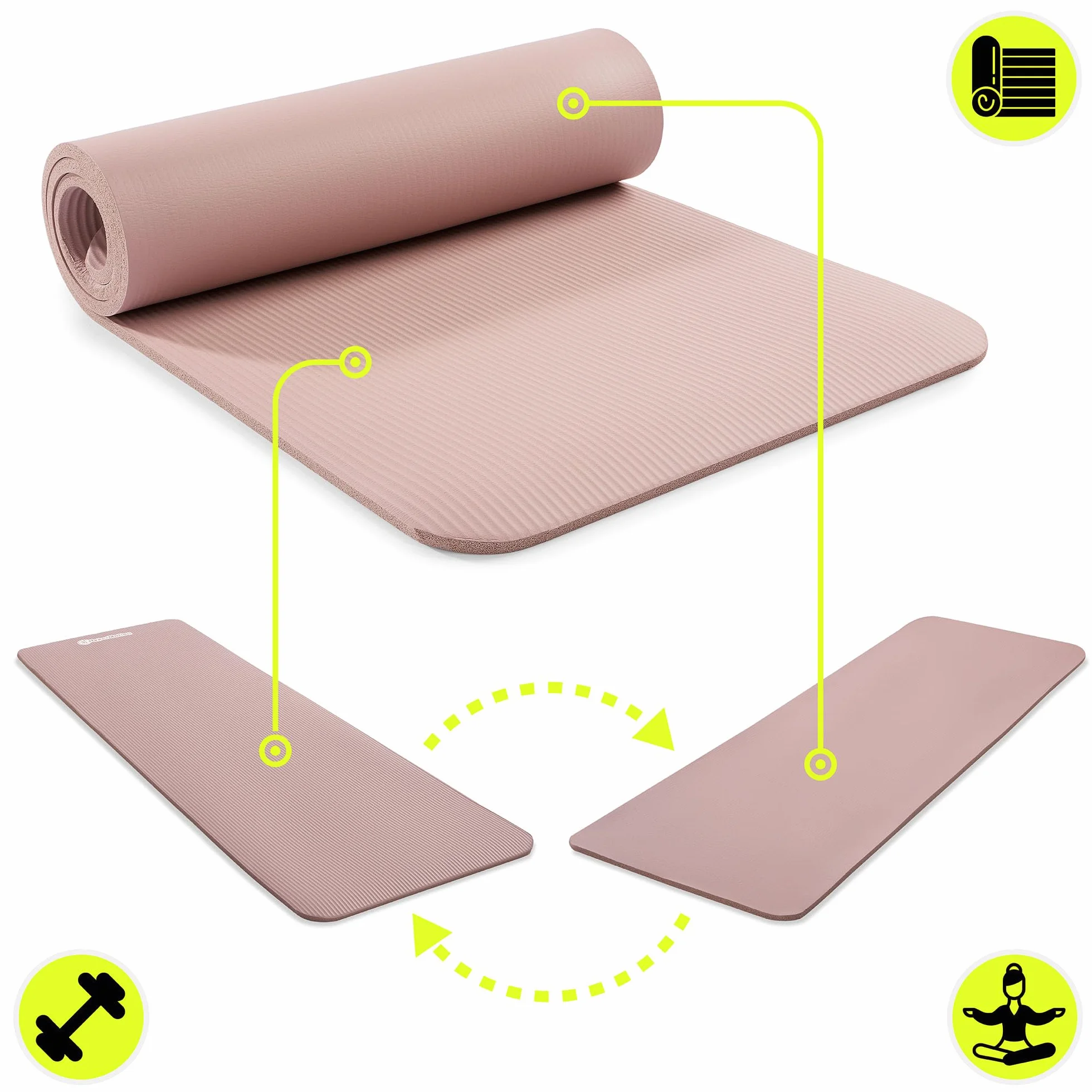 HyperMotion Mata do Ćwiczeń Fitness i Jogi NBR 183x61x1,5 cm Brudny Róż, Antypoślizgowa 15 mm, z Paskiem do Ćwiczeń i Przenoszenia, Gruba Mata do Jogi, Pilates i Stretchingu