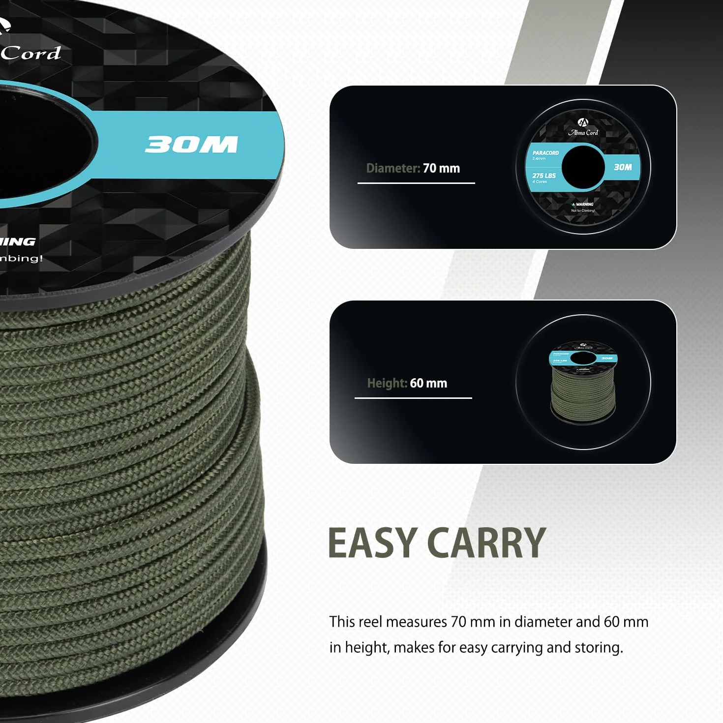 Abma Cord 275LB Paracord 2.4mm 30m Linka Nylonowy Sznurek 4 Strands Taktyczna - Max. 125kg (275lbs) - Zielony wojskowy