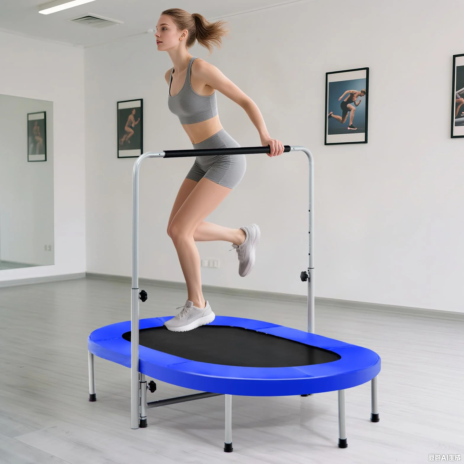 COSTWAY Trampolina dla 2 osób z uchwytem o regulowanej wysokości, obciążająca do 150 kg, składana (niebieska)