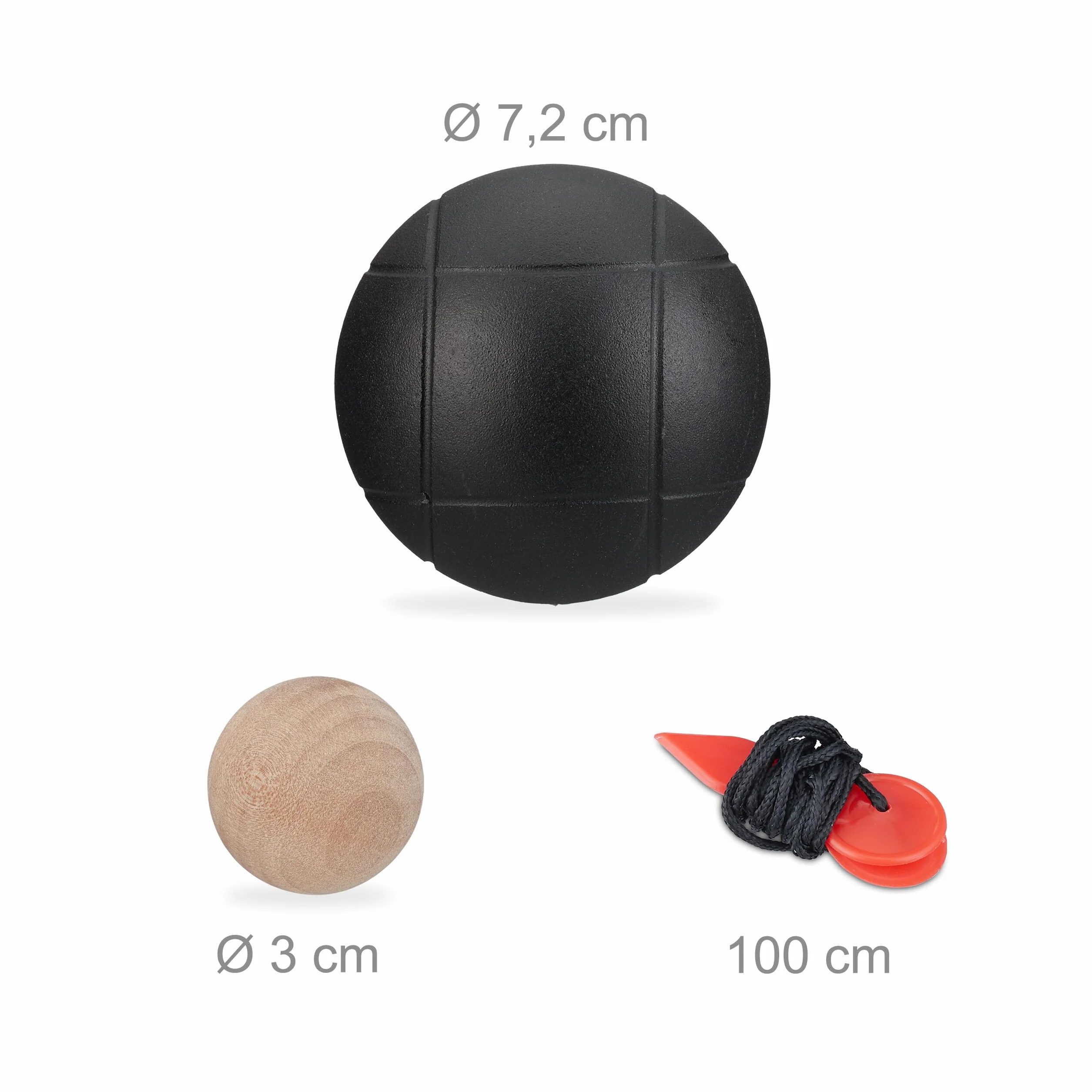 Relaxdays zestaw do gry w bocce, 6 metalowych kulek z drewnianą kulką i taśmą mierniczą, akcesoria petanque, stal, kolor czarny