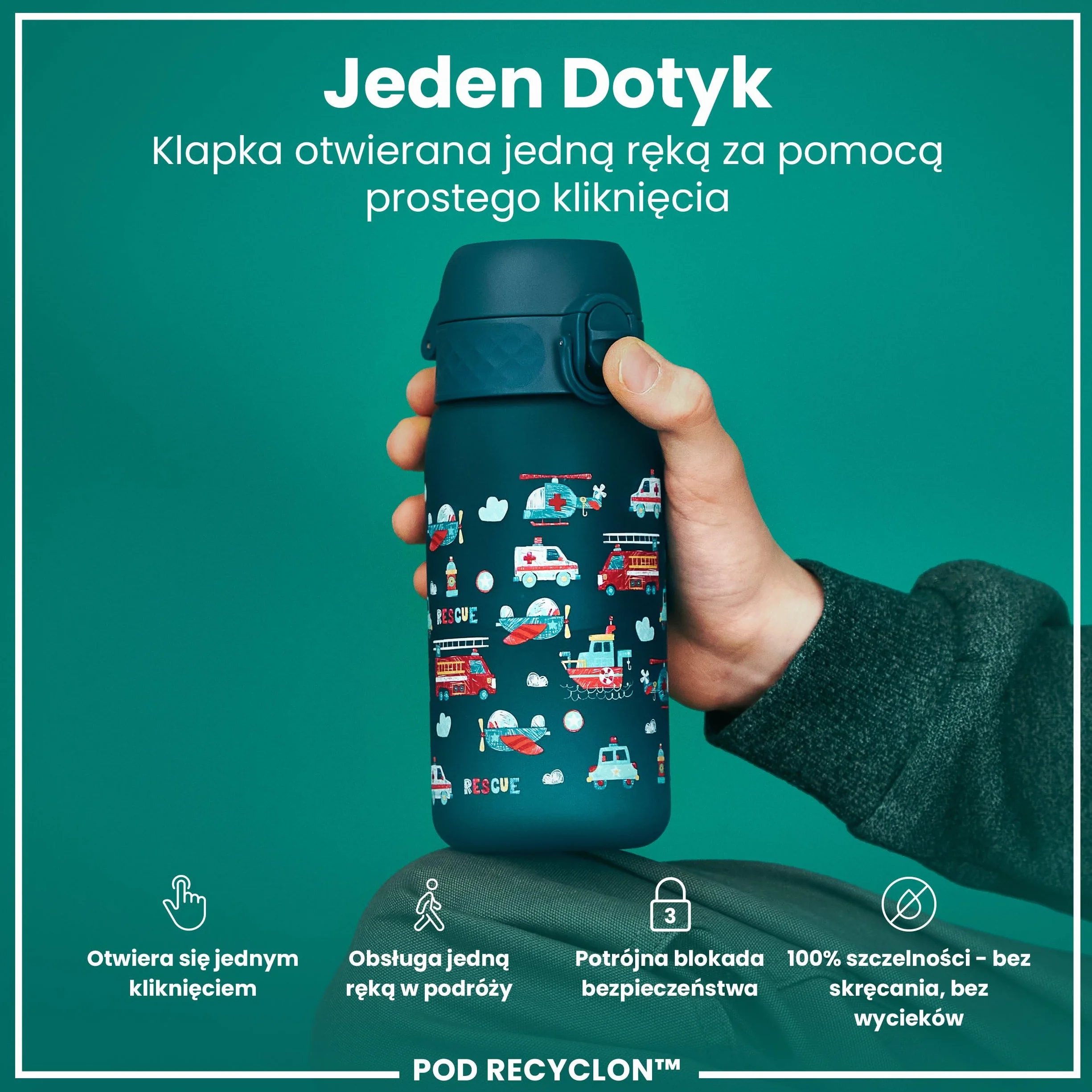 ION8 Butelka dla Dzieci 350 ml Szczelna Bez BPA Łatwa do Otwarcia Pojazd Ratunkowy