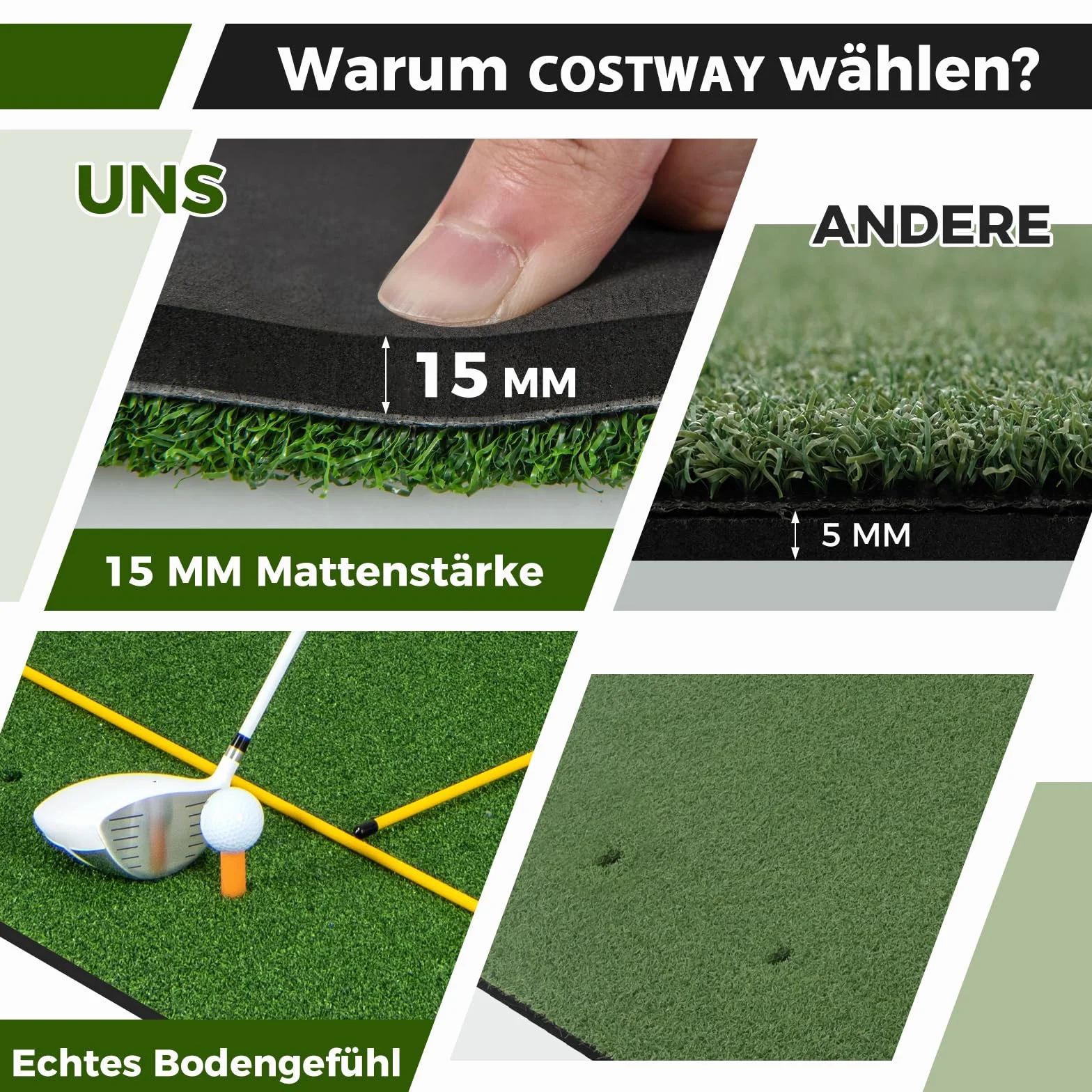 COSTWAY Mata do gry w golfa, mata do ćwiczeń golfowych w zestawie z 2 gumowymi teami i 2 prętami wyrównującymi, mata golfowa z 6 pozycjami odbicia, do użytku wewnątrz i na zewnątrz