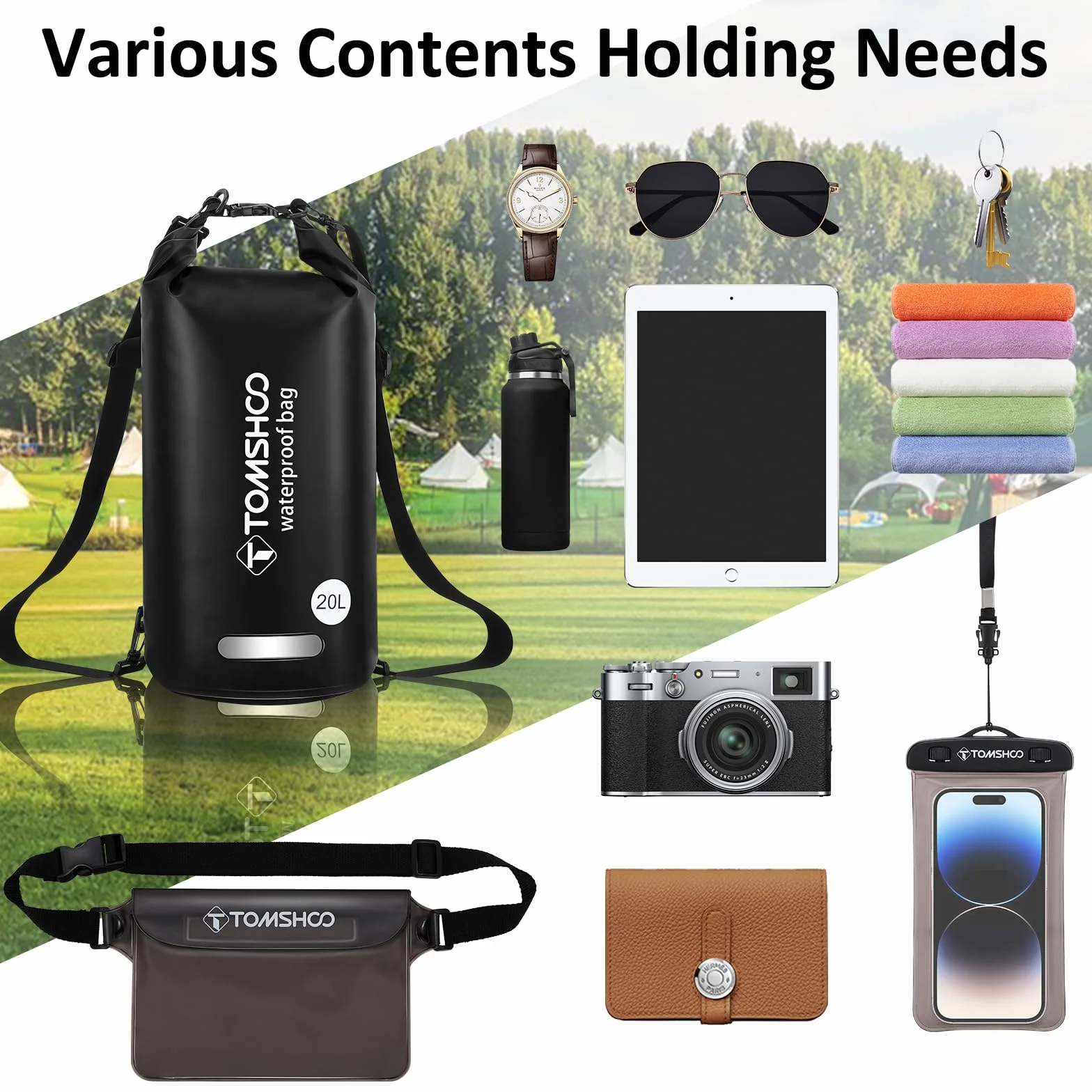TOMSHOO Dry Bag Set, Wodoodporny Plecak 10L/20L z Wodoodpornym Pokrowcem i Kieszeń na Telefon Komórkowy, Regulowany Pasek na Ramię, Wodoodporny Plecak na Spływy Kajakowe, 20L, Czarny