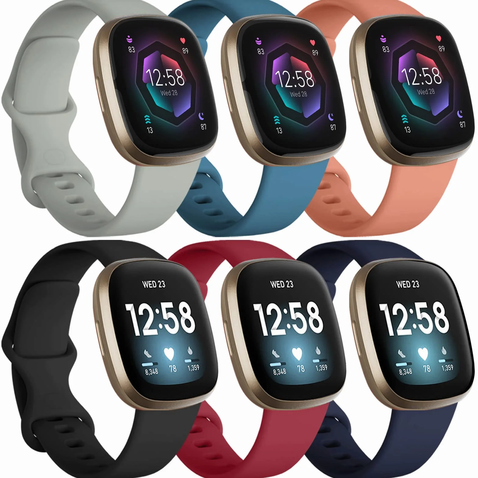 Charlam 6-pak pasków kompatybilnych z zegarkiem Fitbit Versa 3, Versa 4, Fitbit Sense/Sense 2, miękki pasek do zegarka sportowego, zapasowy pasek na nadgarstek dla kobiet mężczyzn, rozmiar S, L