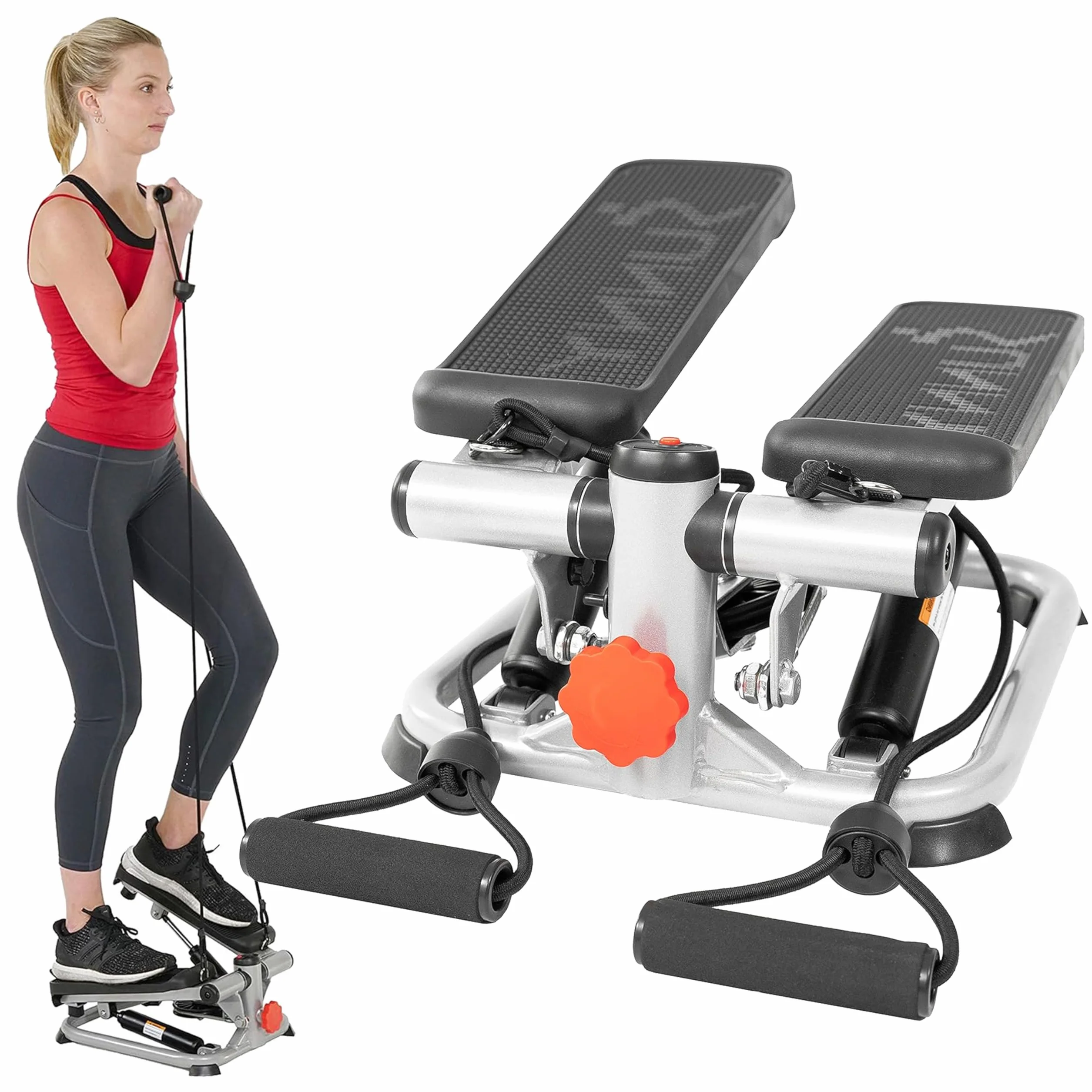 Sunny Health & Fitness Mini Stepper, Stepper Schodowy, Maszyna do ćwiczeń całego ciała z taśmami oporowymi i monitorem LCD do ćwiczeń w domu - SF-S0978