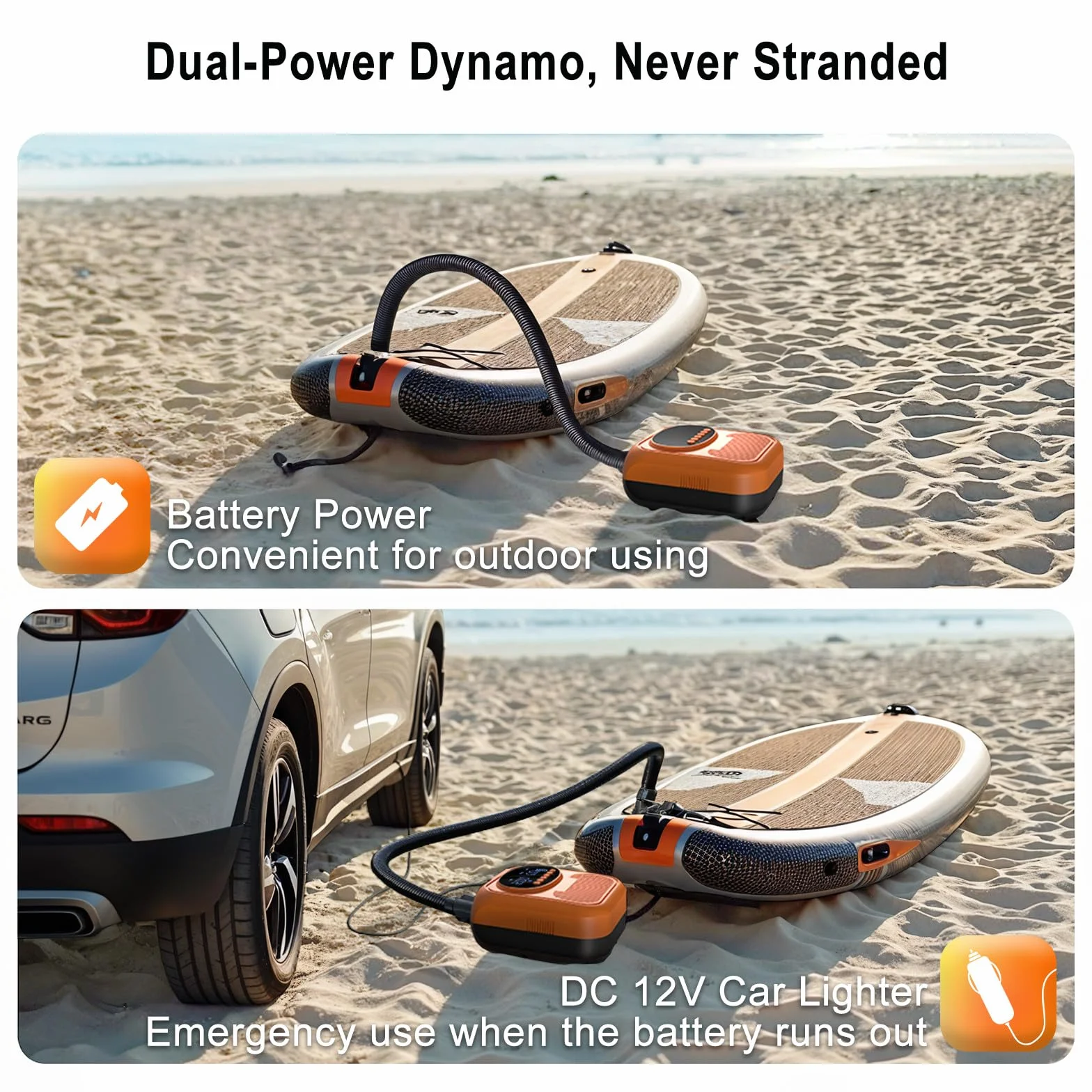 Mojimdo Elektryczna Pompa do SUP 20PSI - 5 trybów, szybkie pompowanie 2-stopniowe, auto-off, ładowanie 12V DC, do desek, namiotów, materacy