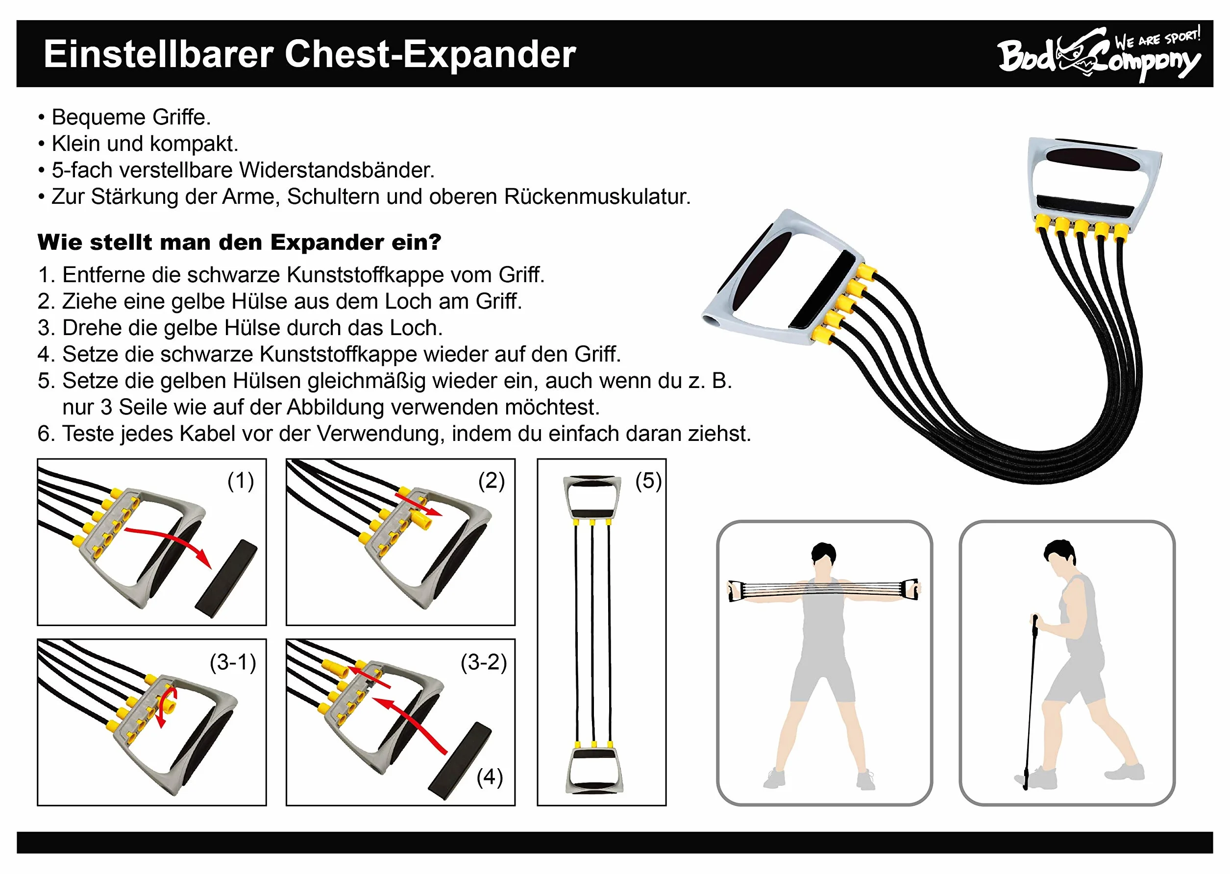 Bad Company Chest Expander I 5-stopniowa regulacja oporu taśmy oporowe z uchwytami I taśmy fitness do treningu domowego