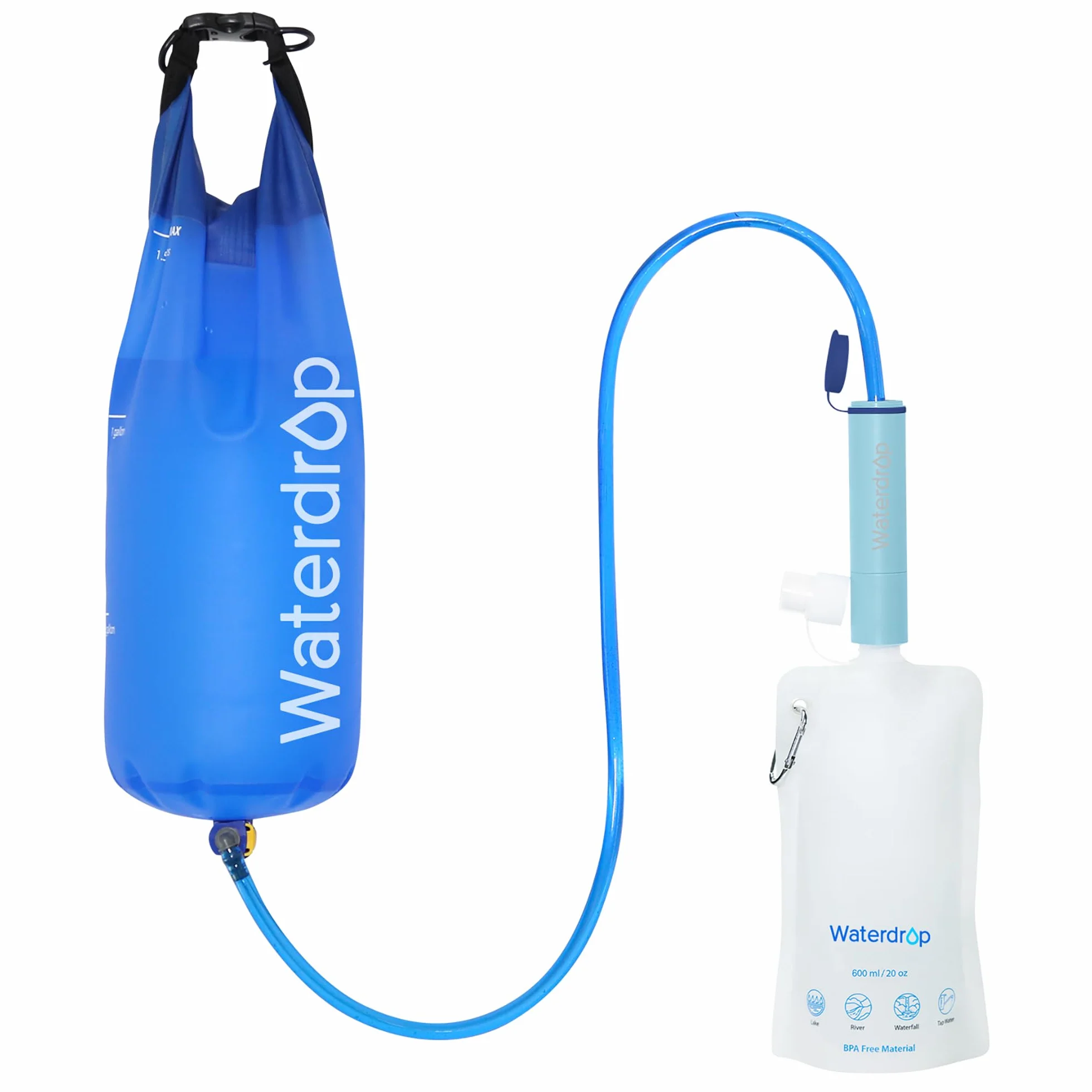 Waterdrop Water Filter Słoma z Grawitacyjną Torbą na Wodę, Przenośny Kempingowy System Filtracji, Oczyszczacz Wody Pitnej do Ratownictwa Pieszego Wędrówki z Plecakiem