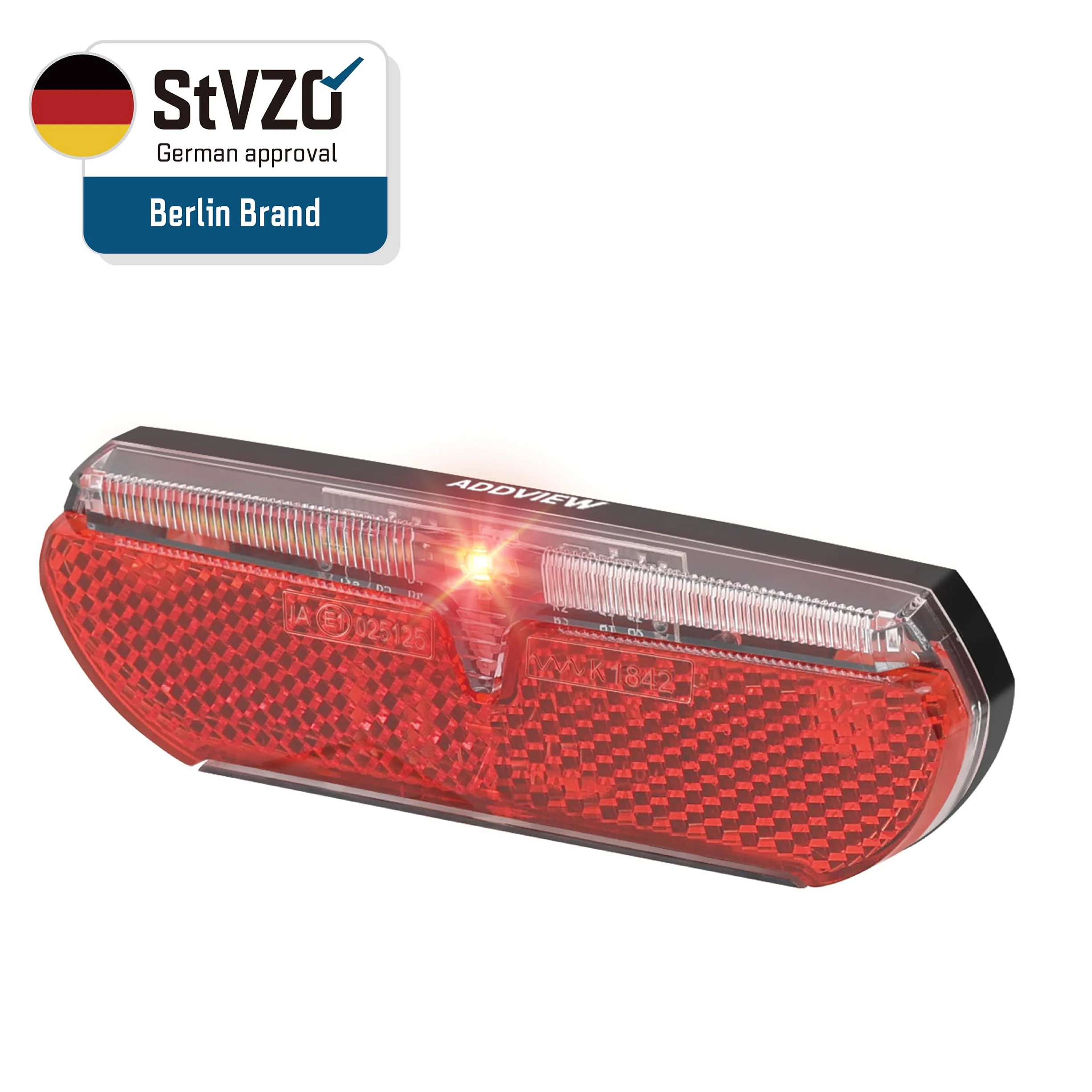 ADDVIEW Swallow E Bike tylne światło – tylne światło LED do roweru 6-12 V DC z certyfikatem StVZO 80 mm do montażu w stojaku IP65, wodoodporna, kompaktowa konstrukcja, widoczność 40 m reflektor Z