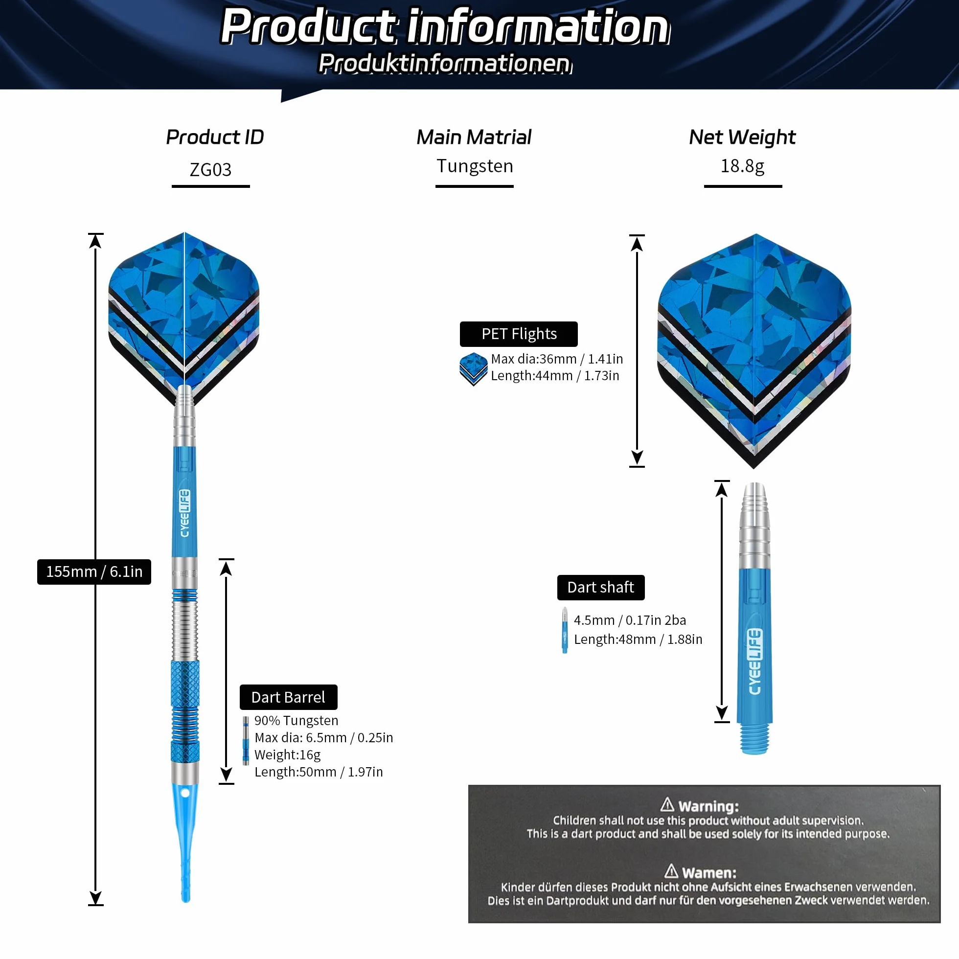 Zestaw rzutek do darta CyeeLife z plastikowymi końcówkami 90% wolframu 3 sztuki 90% wolframu soft darts, profesjonalny zestaw do darta z piórkami, nasadkami i końcówkami (niebieski)