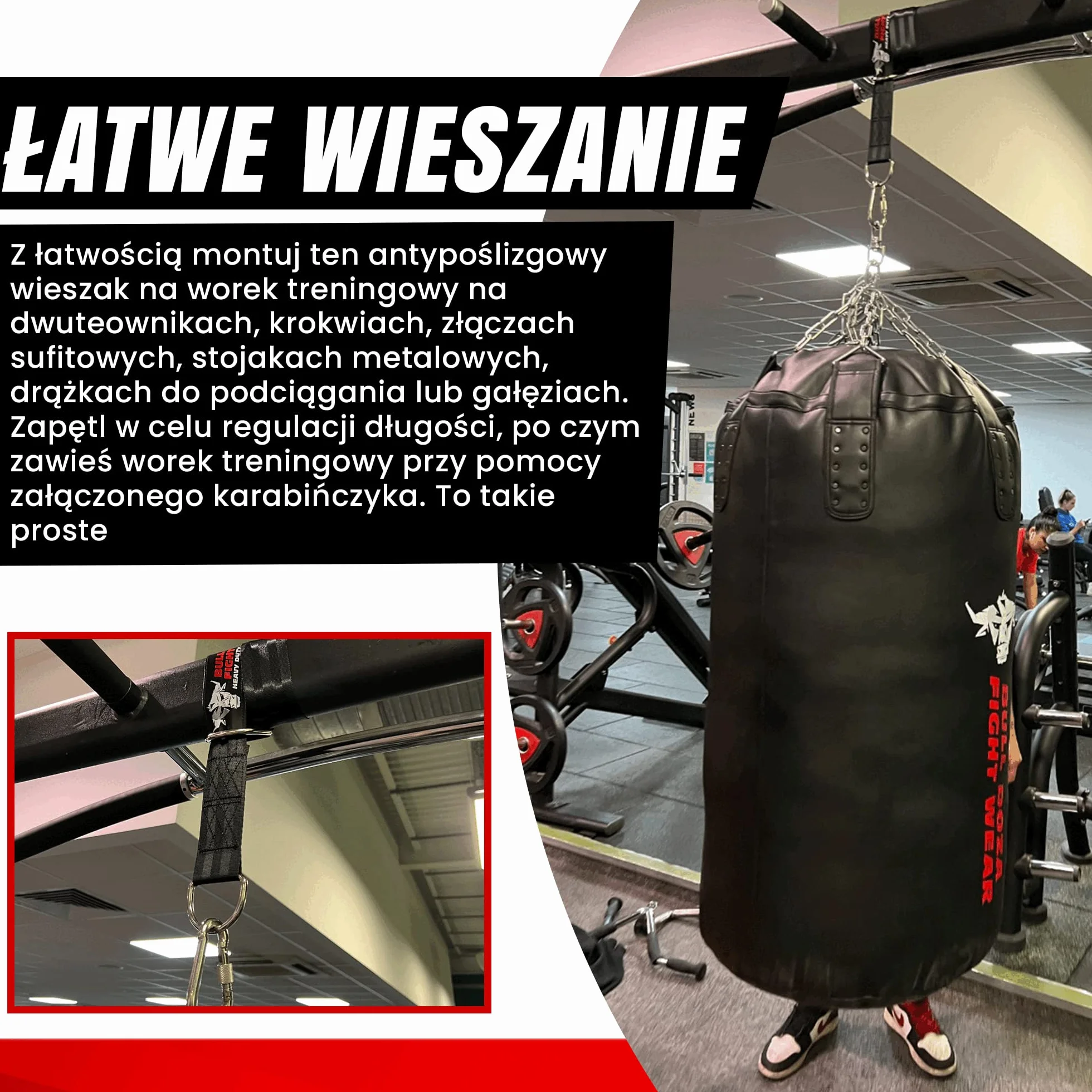 BULL DOZA FIGHT WEAR Pasek do worka bokserskiego, wytrzymały wieszak 226 kg, 1,5 m, czarny