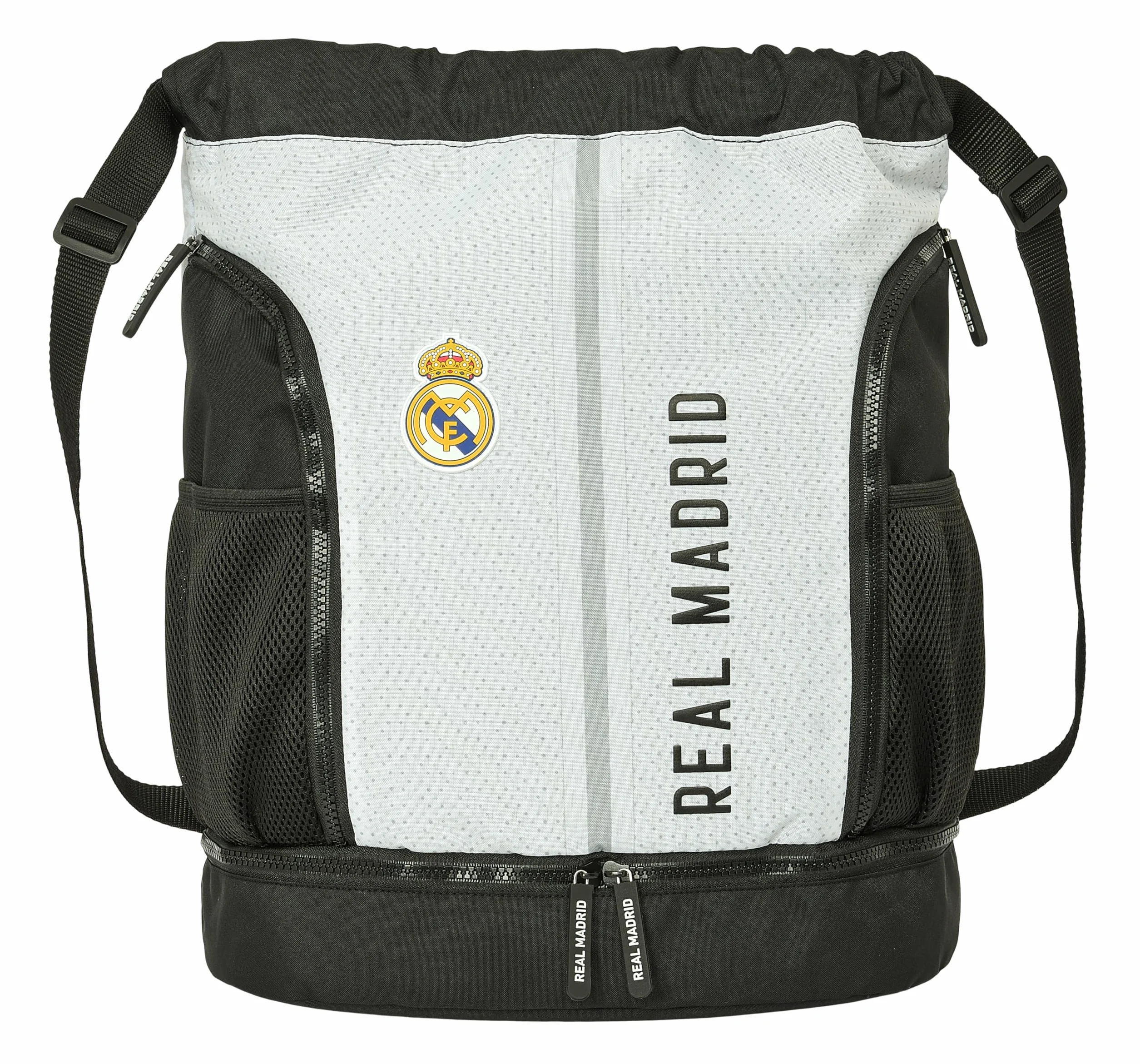 REAL MADRID 1. WYPOSAŻENIE 24/25 - Plecak do plecaka, idealny dla dzieci w różnym wieku, wygodny i wszechstronny, jakość i wytrzymałość, 34 x 15 x 43 cm, kolor biały/szary