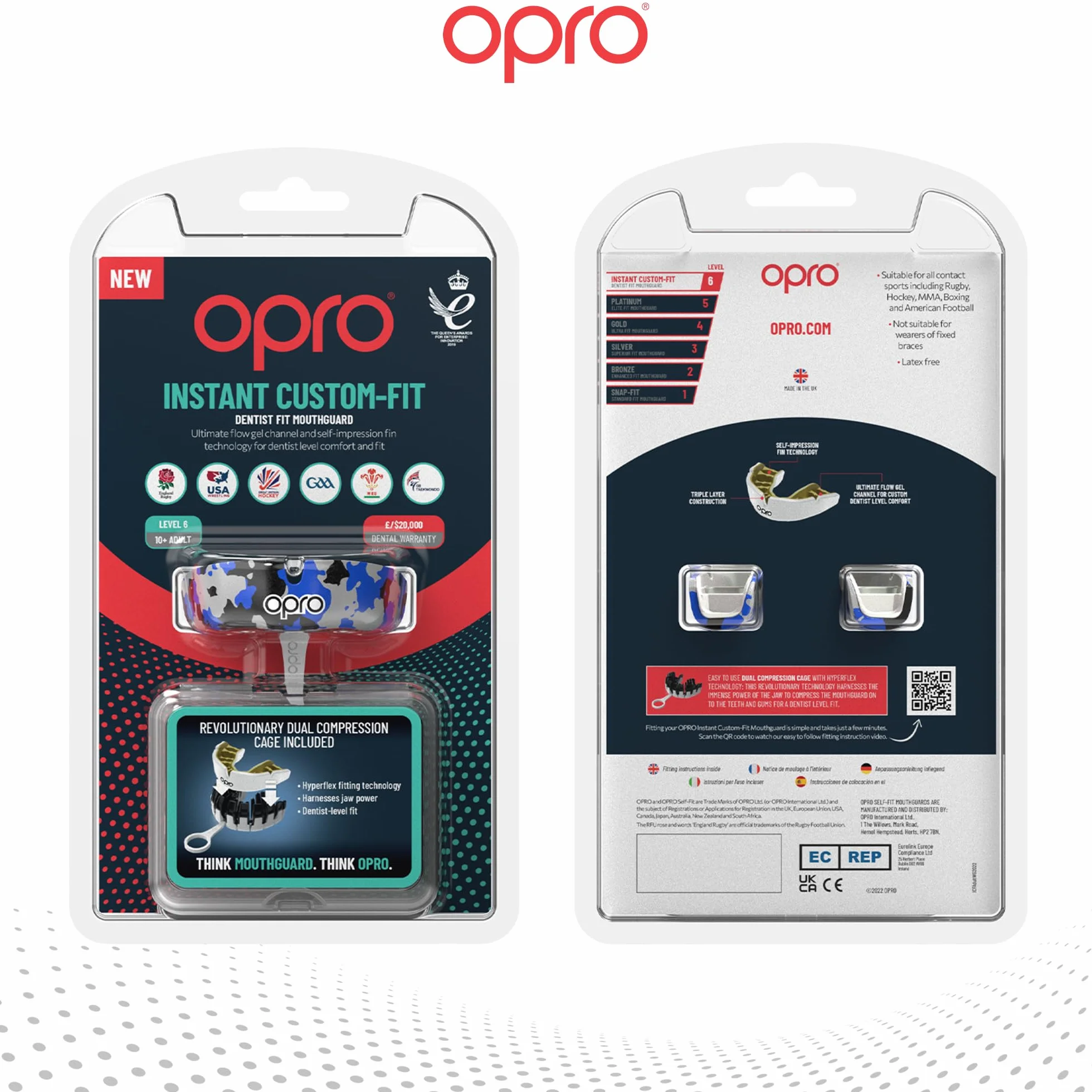 OPRO Natychmiastowa osłona na zęby dla dentysty, rewolucyjna technologia dopasowania dla najwyższego komfortu, ochrony i dopasowania, osłona dziąseł do rugby, boksu, hokeja, MMA (niebieski moro, dla