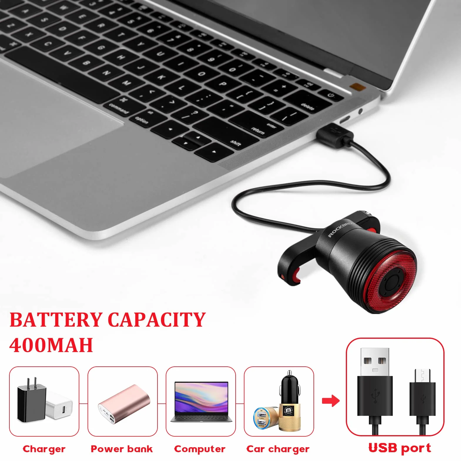 ROCKBROS USB Akumulatorowa lampka rowerowa LED 400 lumenów, IPX6 Wodoodporna przednia lampka rowerowa z 4 stałymi i migającymi trybami do jazdy na rowerze szosowym