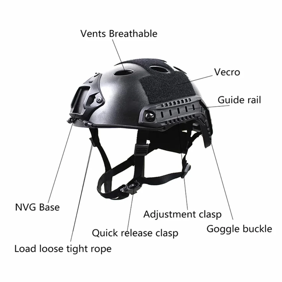 Kask Airsoft PJ Fast z Przednim Mocowaniem NVG i Szyną Boczną, Maska na Całą Twarz, Odpinane Gogle