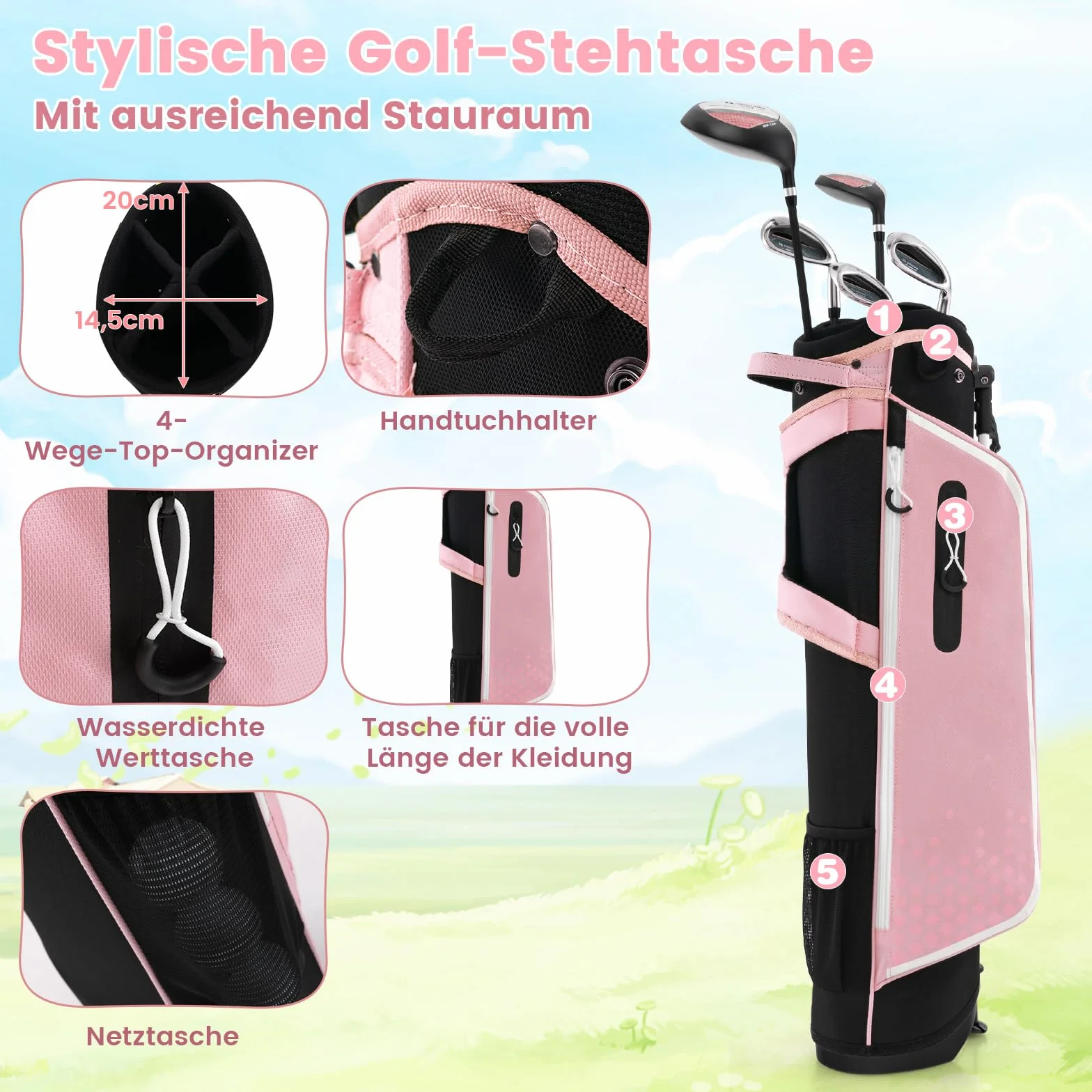 COSTWAY 6-częściowy zestaw kijów golfowych dla dzieci, zestaw kijów golfowych z torbą golfową i osłoną przeciwdeszczową, kompletny zestaw golfowy z żelazkiem 7/9/S, 1 Driver, 4 Hybrid i putter dla