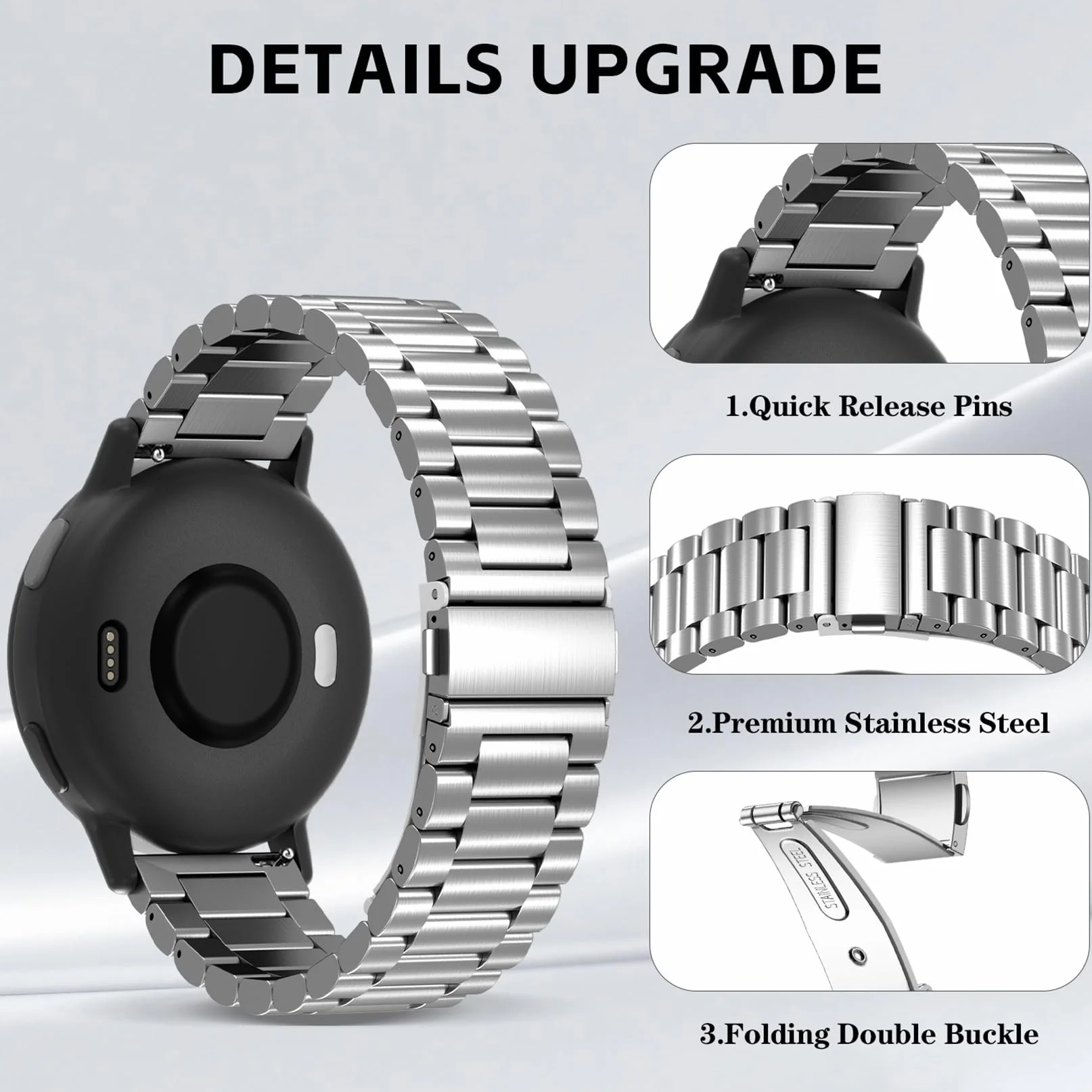 Bransoletka kompatybilna z Garmin Vivoactive 5 / Forerunner 245/645/55,20 mm, stal nierdzewna, metalowy pasek zamienny do Venu Sq/2 Plus, dla mężczyzn i kobiet