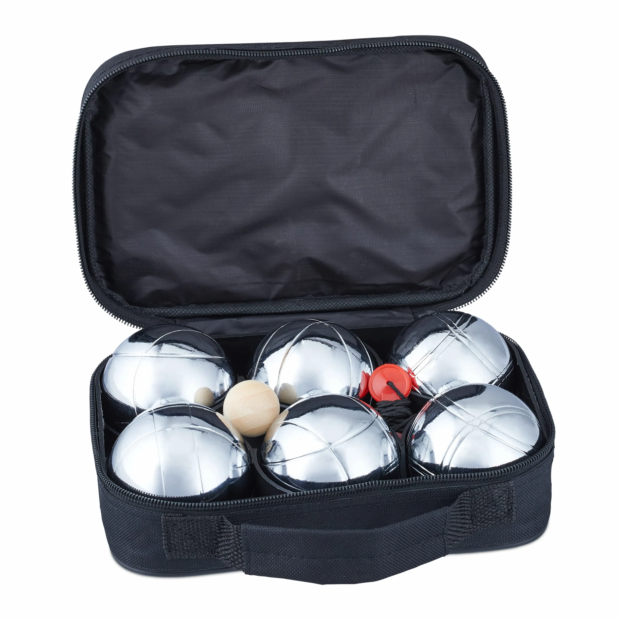 Relaxdays Boule Zestaw 6 Bombek do Boccia Metal, Kula Celująca, Miernik Dystansowy, Petanque z Torbą, Srebrny/Czarny