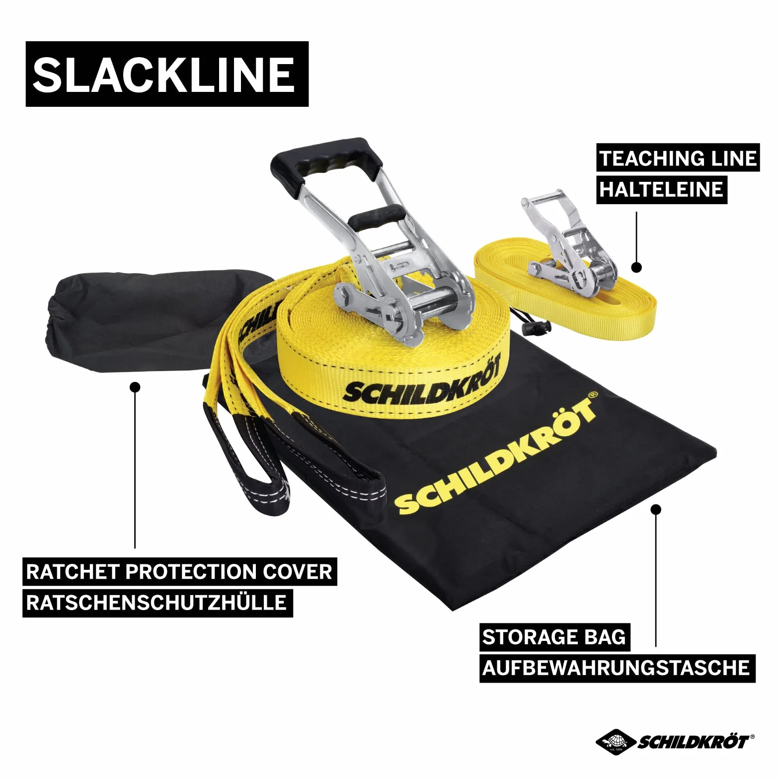 Schildkröt® Slackline 15 m, dodatkowo z linią Teaching Line, linia pomocnicza dla początkujących, wytrzymała linia o szerokości 5 cm, dla dzieci i dorosłych