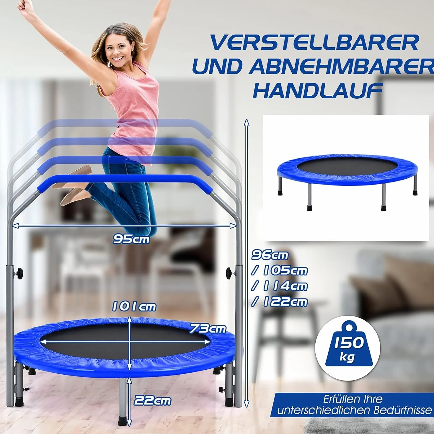 FANTASK φ101 cm mini trampolina, obciążenie do 150 kg, składana, trampolina ogrodowa dla dorosłych i dzieci, z uchwytem o regulowanej wysokości