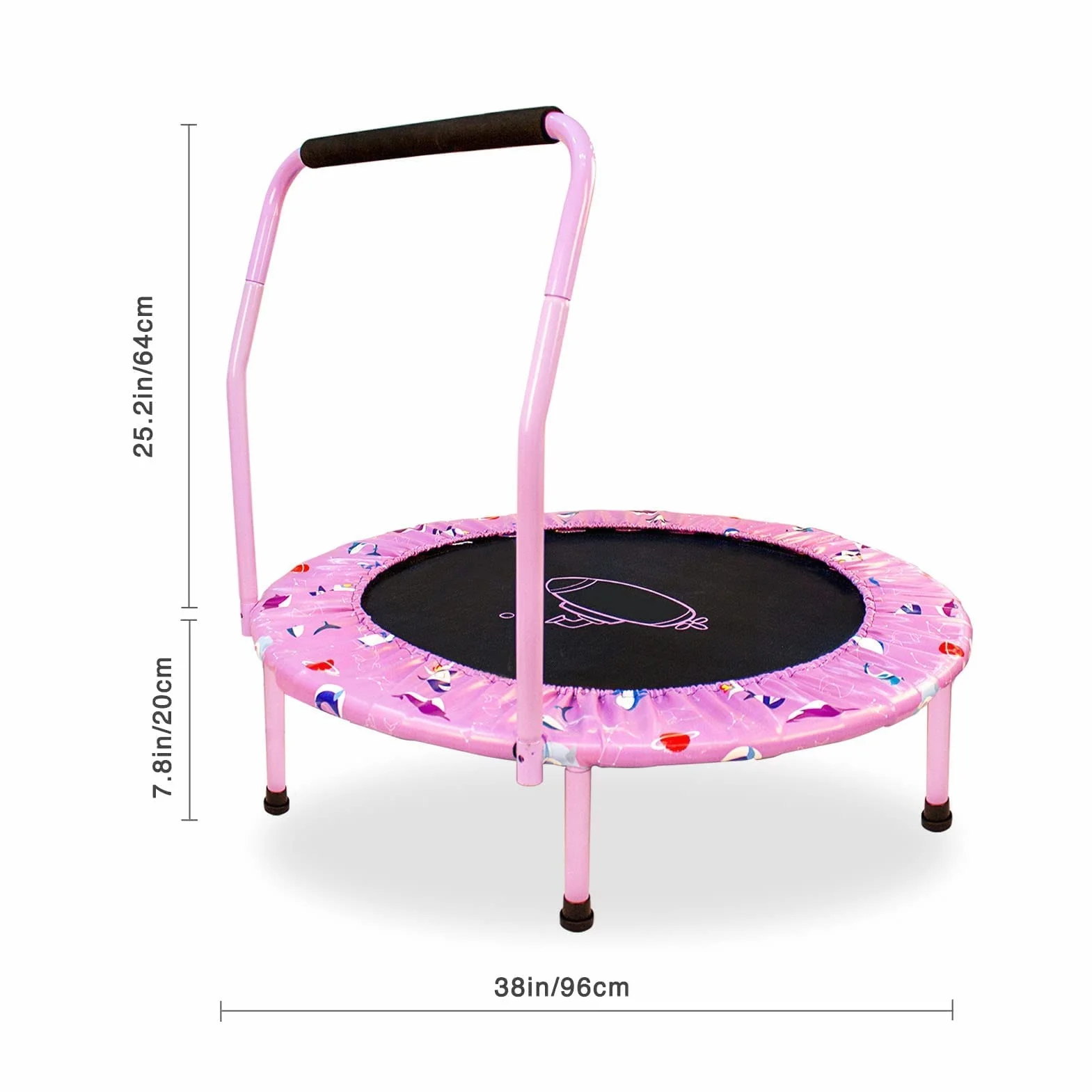 Trampolina dziecięca Ø 96 cm, do użytku wewnątrz i na zewnątrz, mini trampolina dziecięca z regulowanym uchwytem z pianki i wyściółką bezpieczeństwa, cicha trampolina fitness dla dzieci od 2 lat