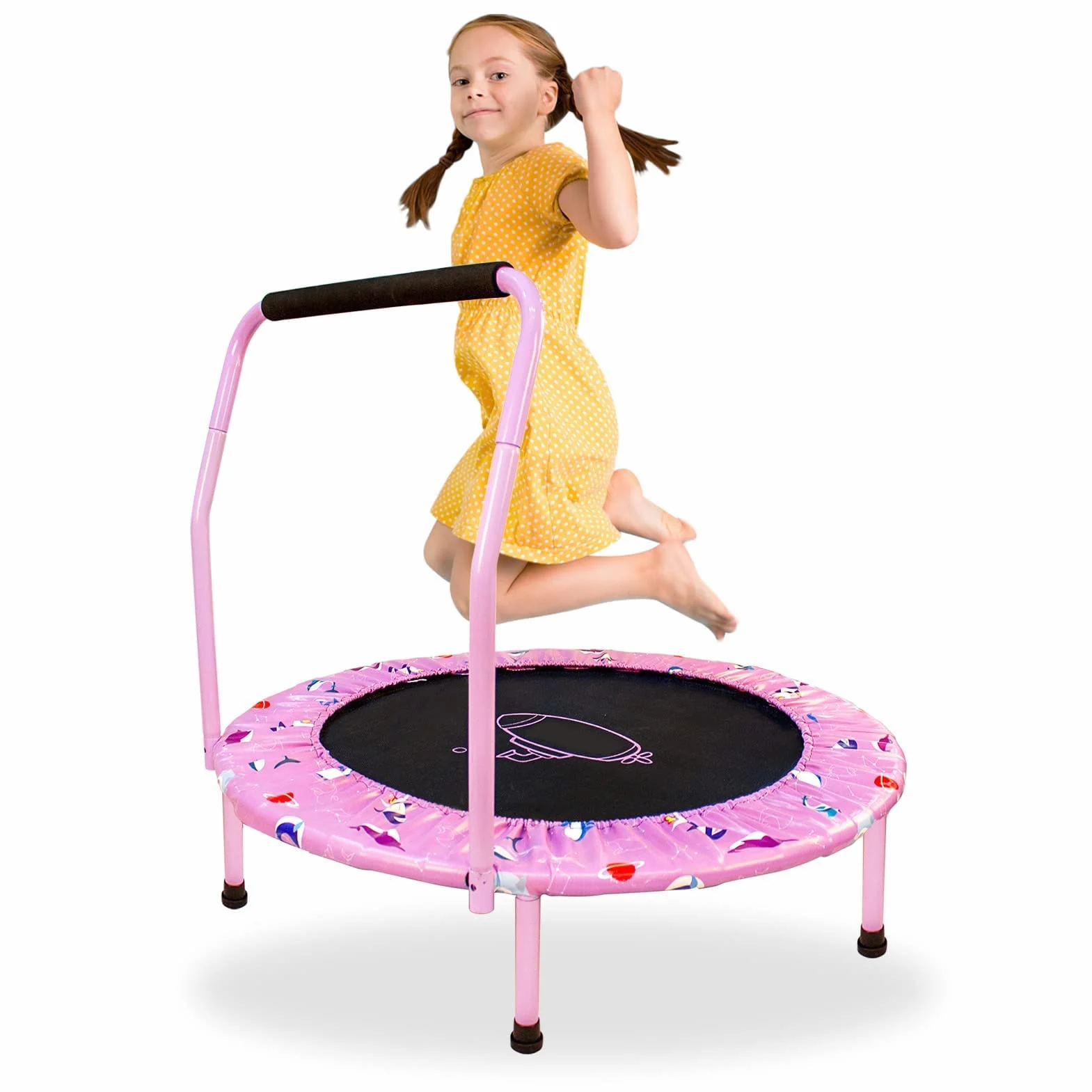 Trampolina dziecięca Ø 96 cm, do użytku wewnątrz i na zewnątrz, mini trampolina dziecięca z regulowanym uchwytem z pianki i wyściółką bezpieczeństwa, cicha trampolina fitness dla dzieci od 2 lat