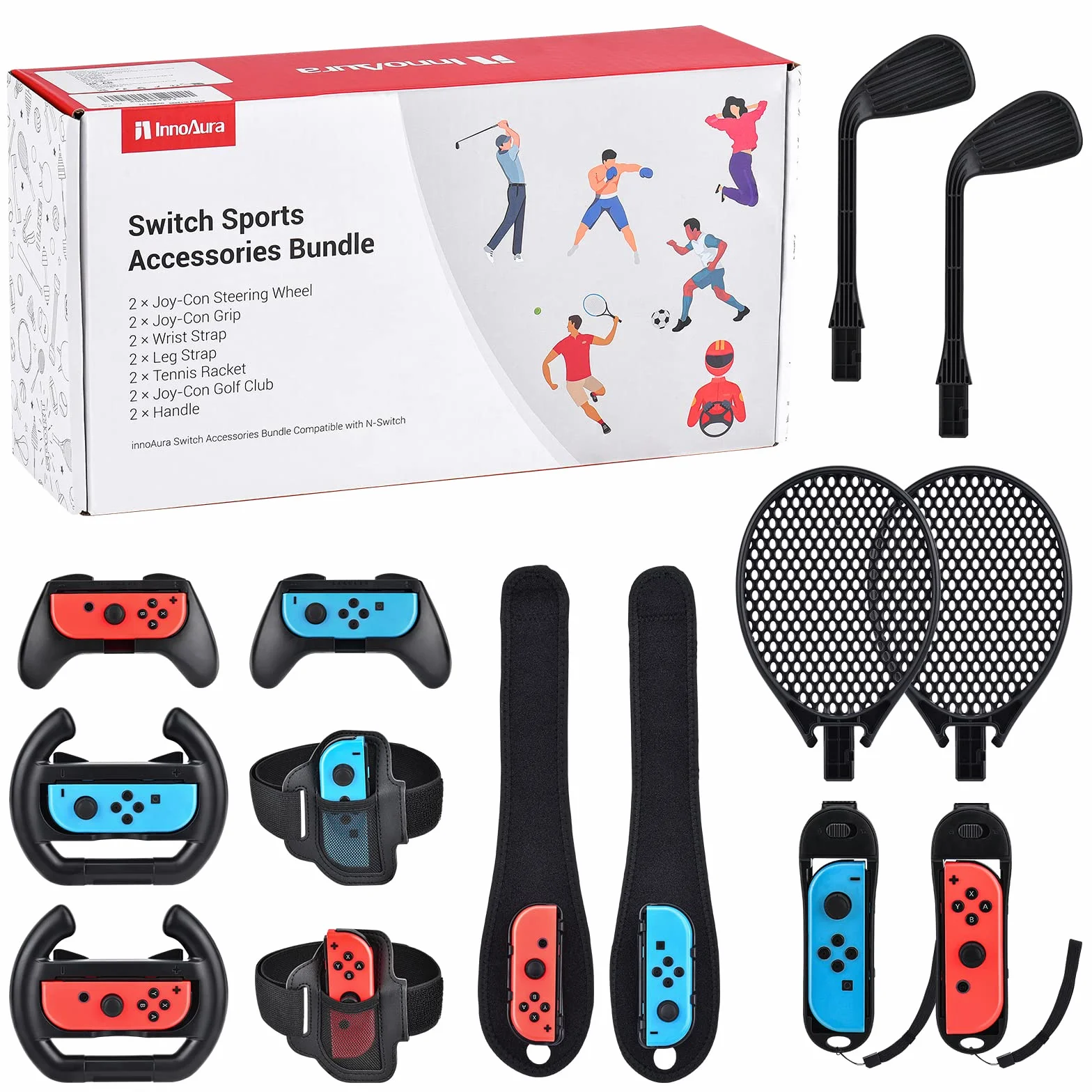 Zestaw akcesoriów sportowych 14 w 1, zestaw innoAura Switch Sports z kierownicą Switch, uchwytem Switch J-Con, rakietą tenisową, paskiem na nogę kompatybilnym z przełącznikiem/Switch OLED