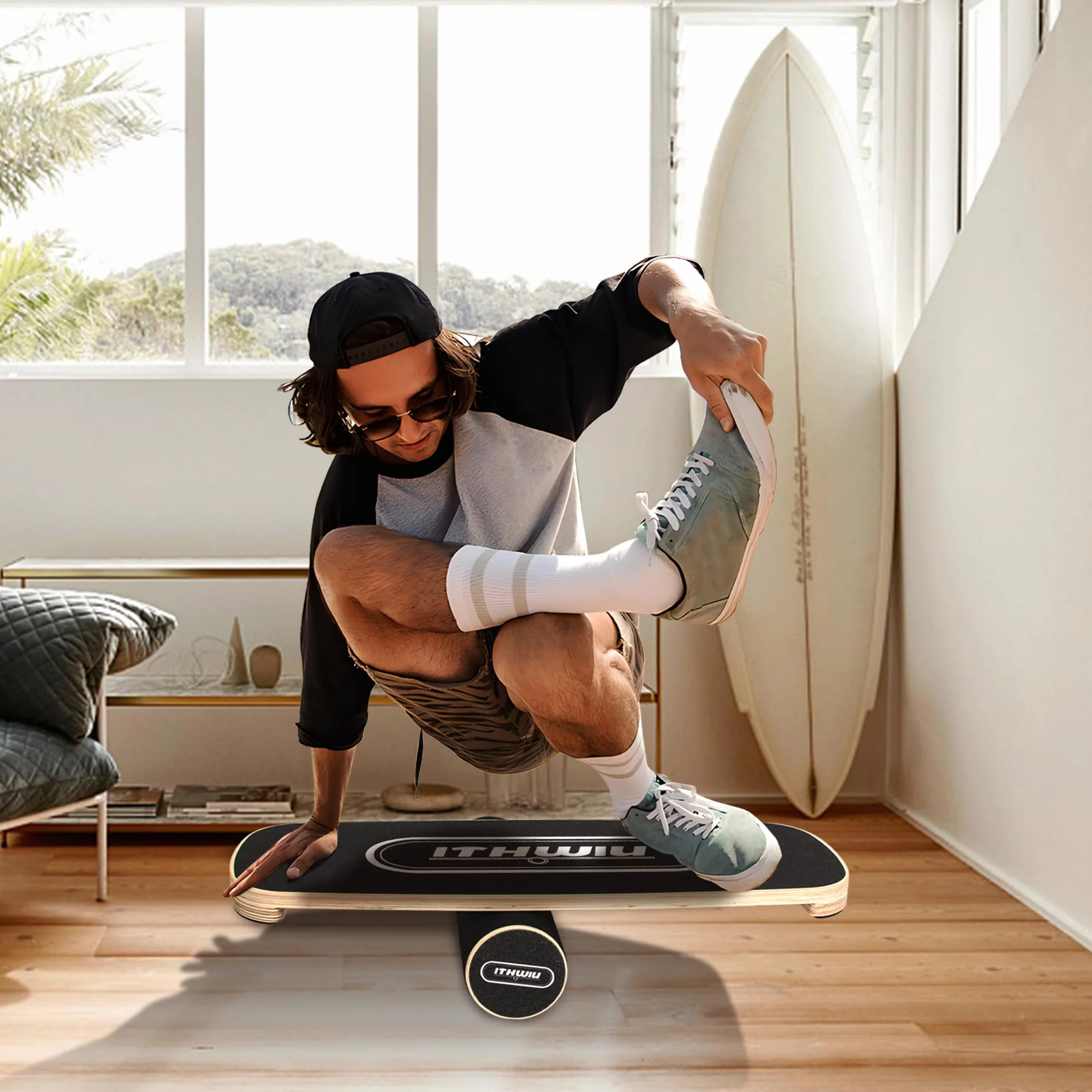 OUUTMEE Balance Board Roller drewniana deska treningowa, deska treningowa, antypoślizgowa powierzchnia, kontrola ciała, czarna