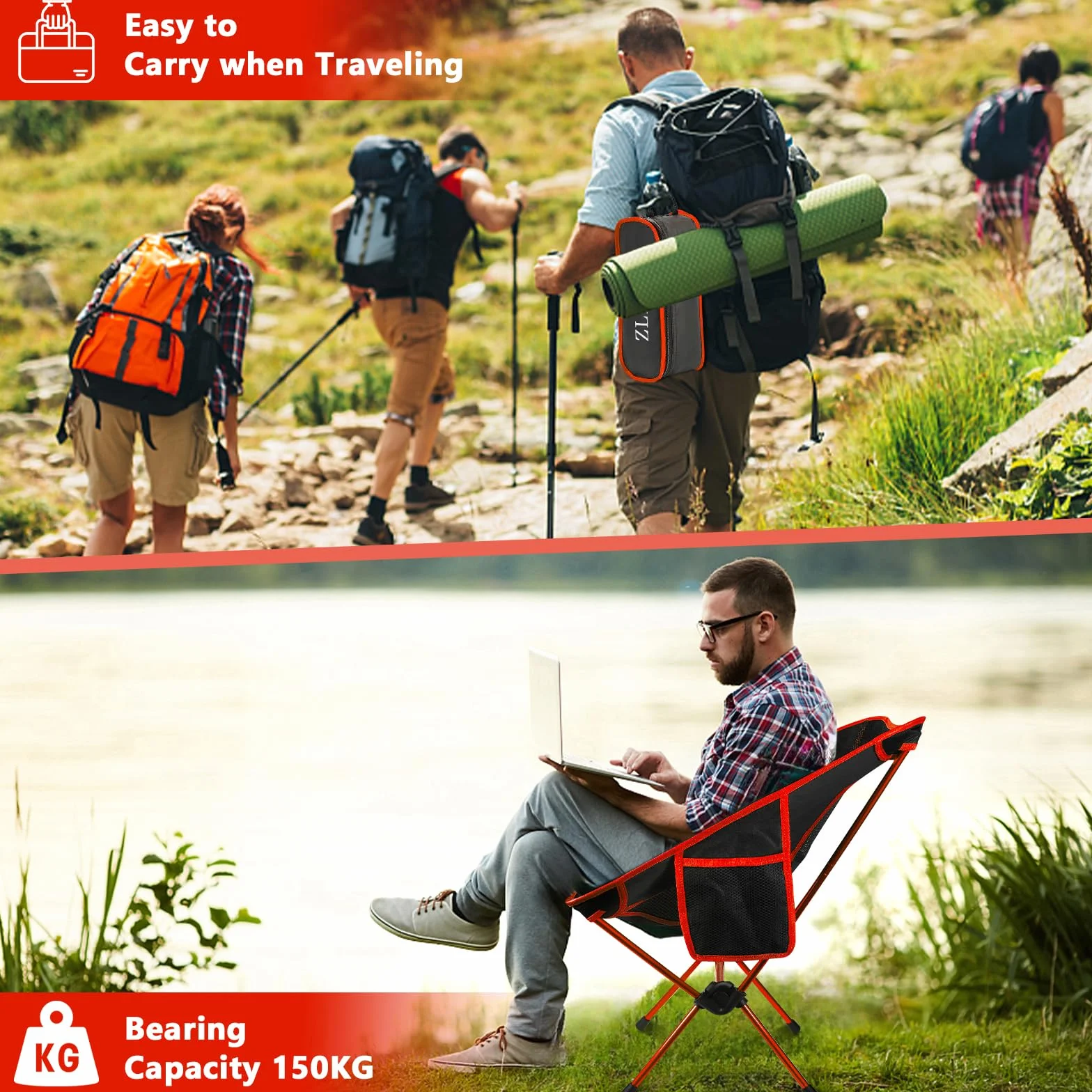 ZLPBAO Krzesło kempingowe, przenośne składane krzesło z kieszenią - BIS 160 kg Campingstuhl Klappbar Klappstuhl Camping