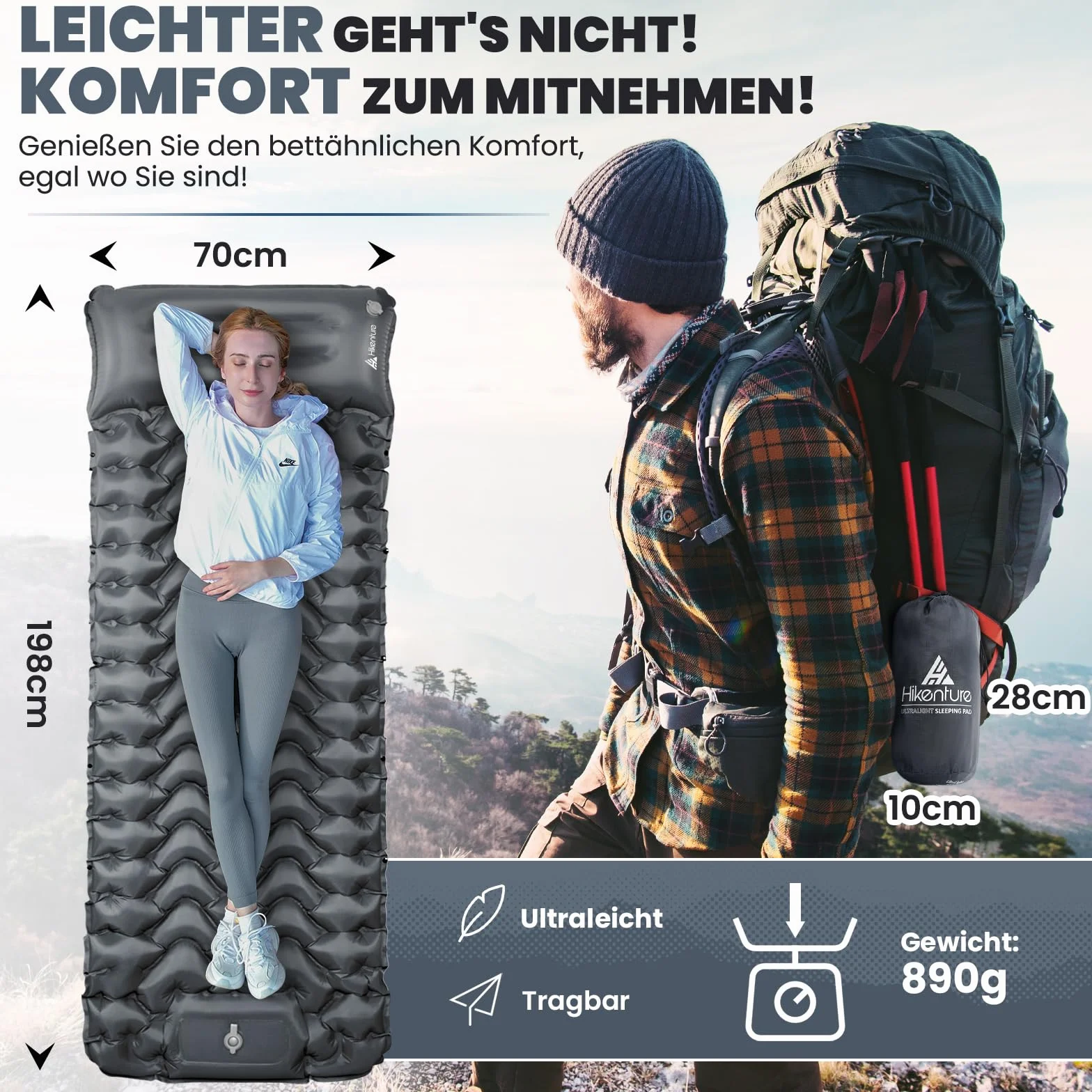 HIKENTURE Samopompująca mata do spania 10 cm z pompką nożną na kemping szary