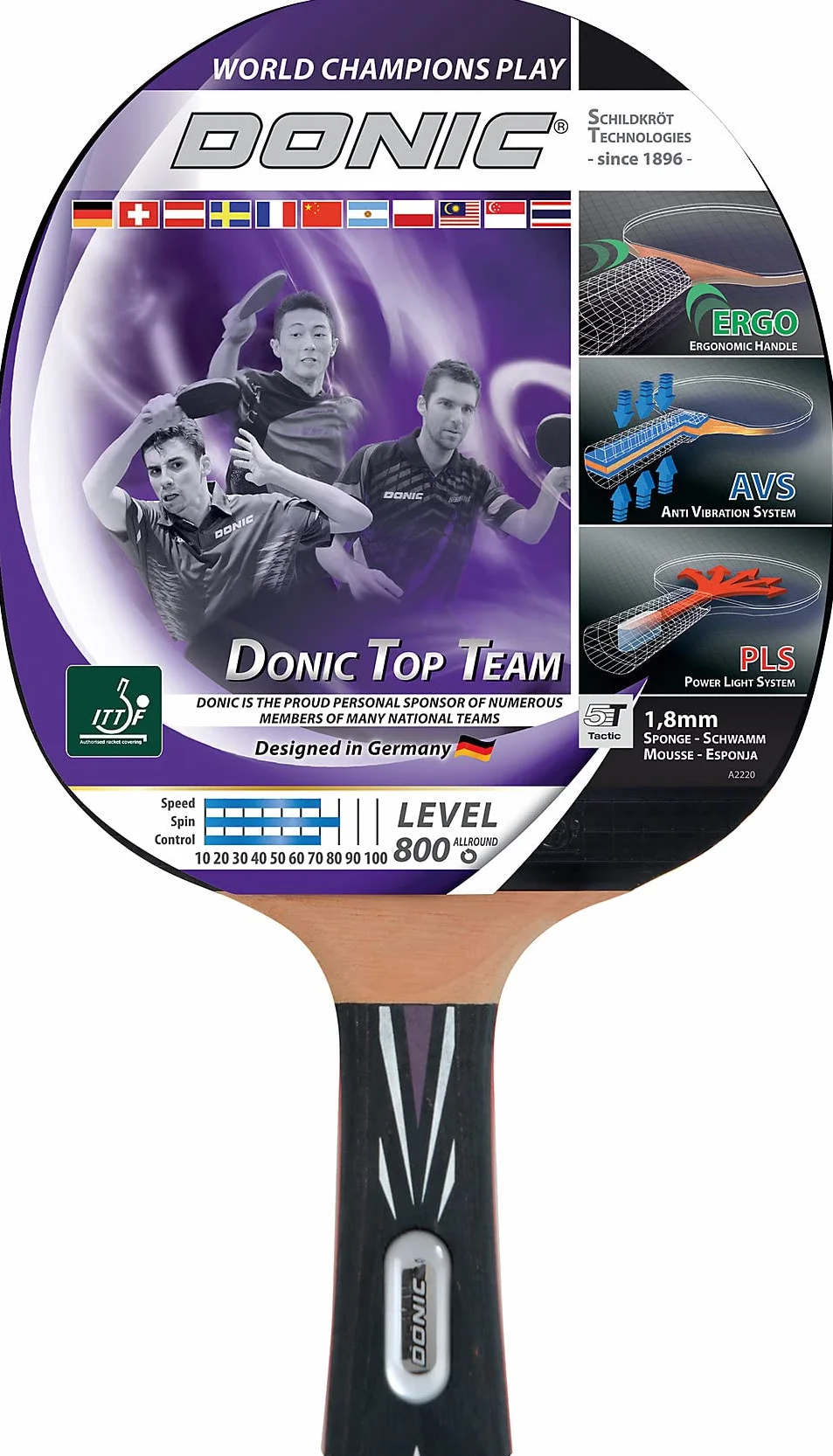 Donic-Schildkröt Top Team 800 Kij do tenisa stołowego, uchwyt AVS i PLS, gąbka 1,8 mm, podkładka Vari-Slick - ITTF, 754198