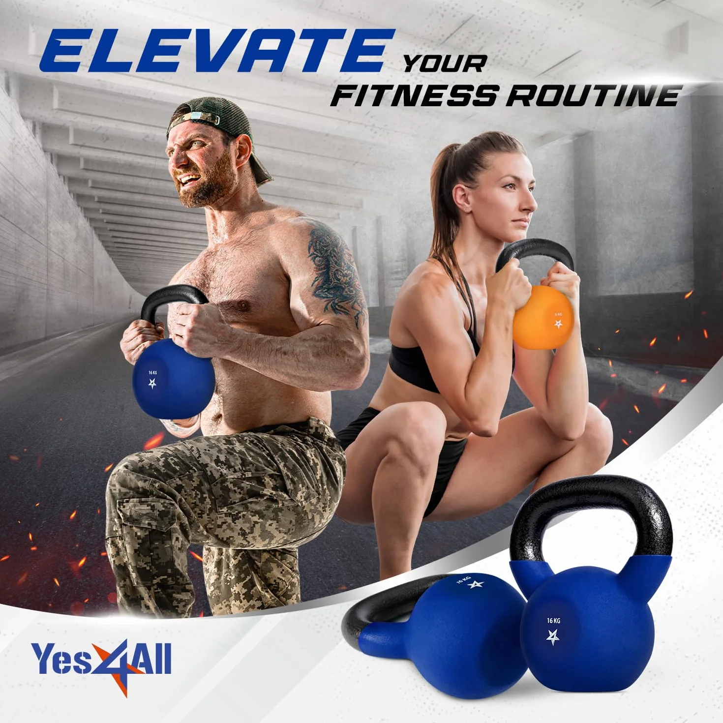 Yes4All Kettlebell lite żeliwo 16 kg, powlekane neoprenem, ciemnoniebieskie do treningu siłowego