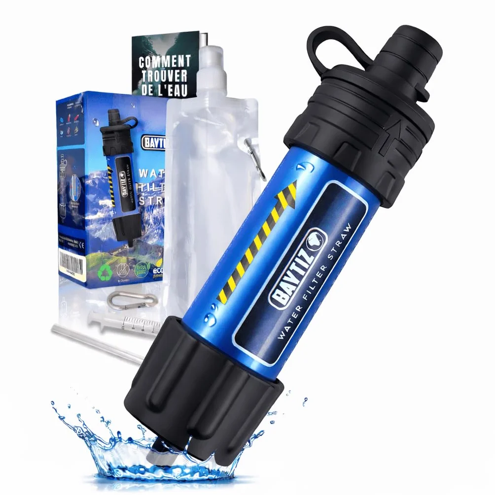 BAYTIZ ® Filtr do wody outdoorowej z butelką wyciskaną – survivalowy filtr wody + butelka na napoje – wyposażenie awaryjne, system filtrowania wody pitnej na kemping, wędrówki, gadżety, filtry wody,