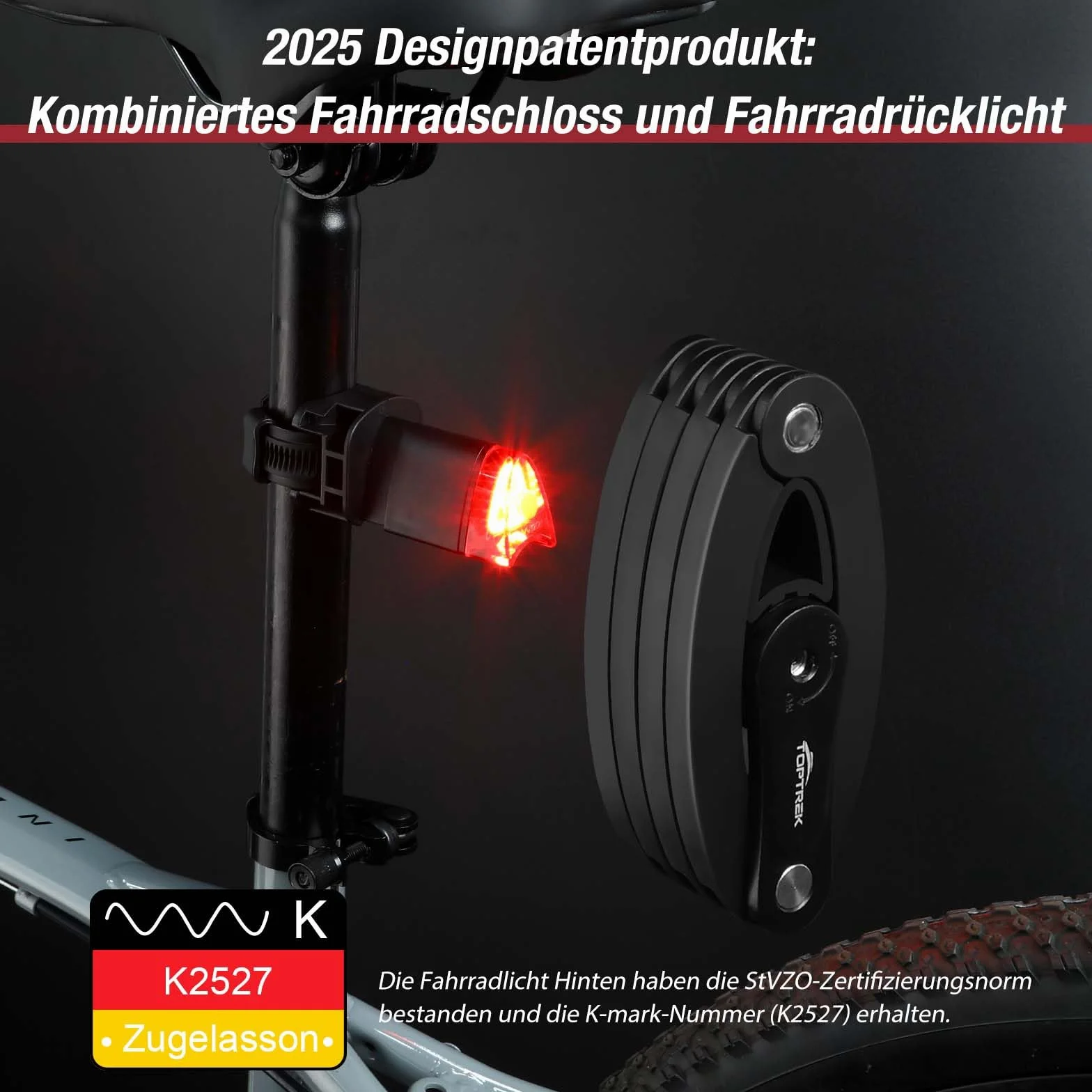 Toptrek składany zamek rowerowy 100 cm z uchwytem StVZO USB
