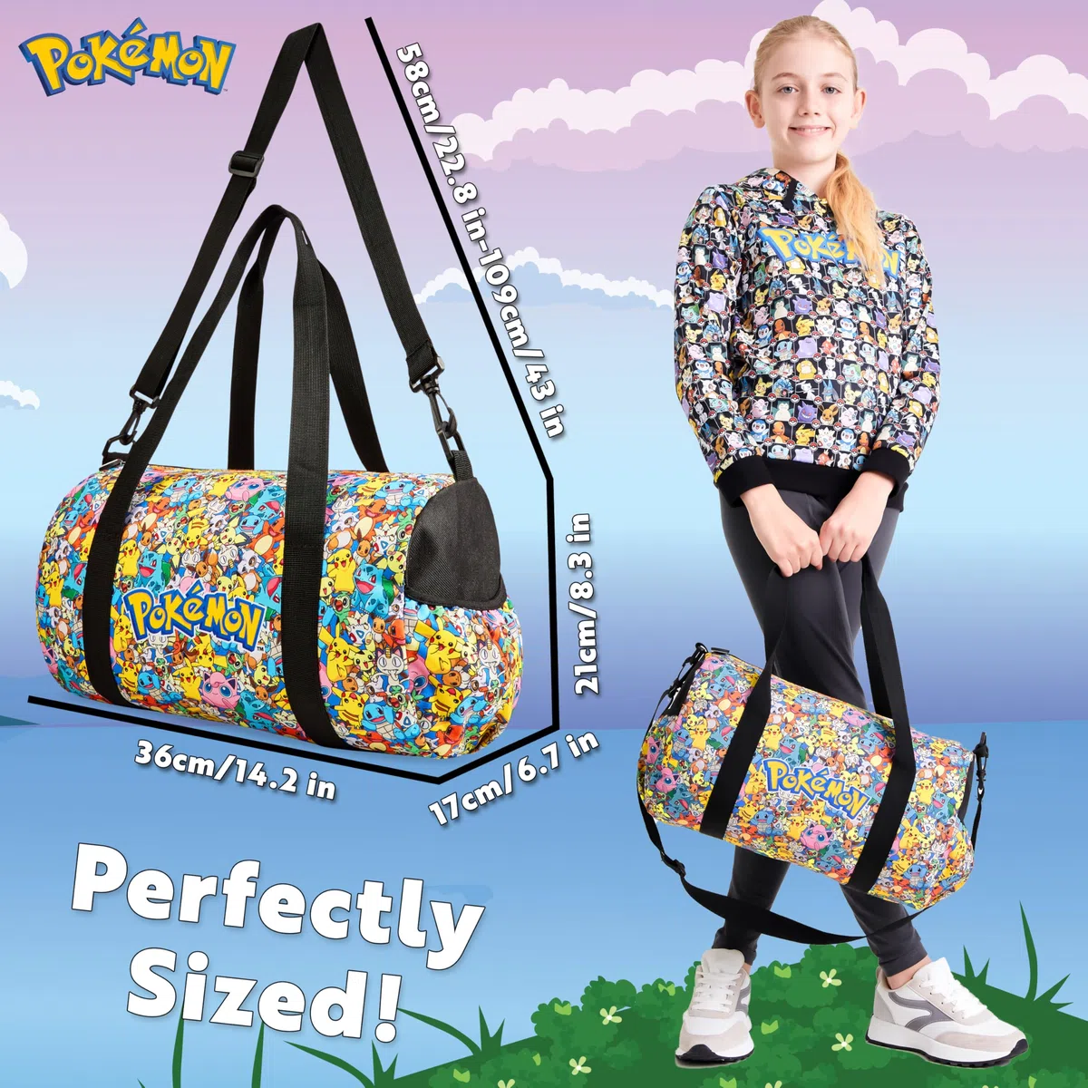 Pokemon Pikachu torba gimnastyczna dla dzieci - sportowa torba na sprzęt piłkarski, torba podróżna na bagaż podręczny, prezenty dla chłopców, wielobarwny, One Size