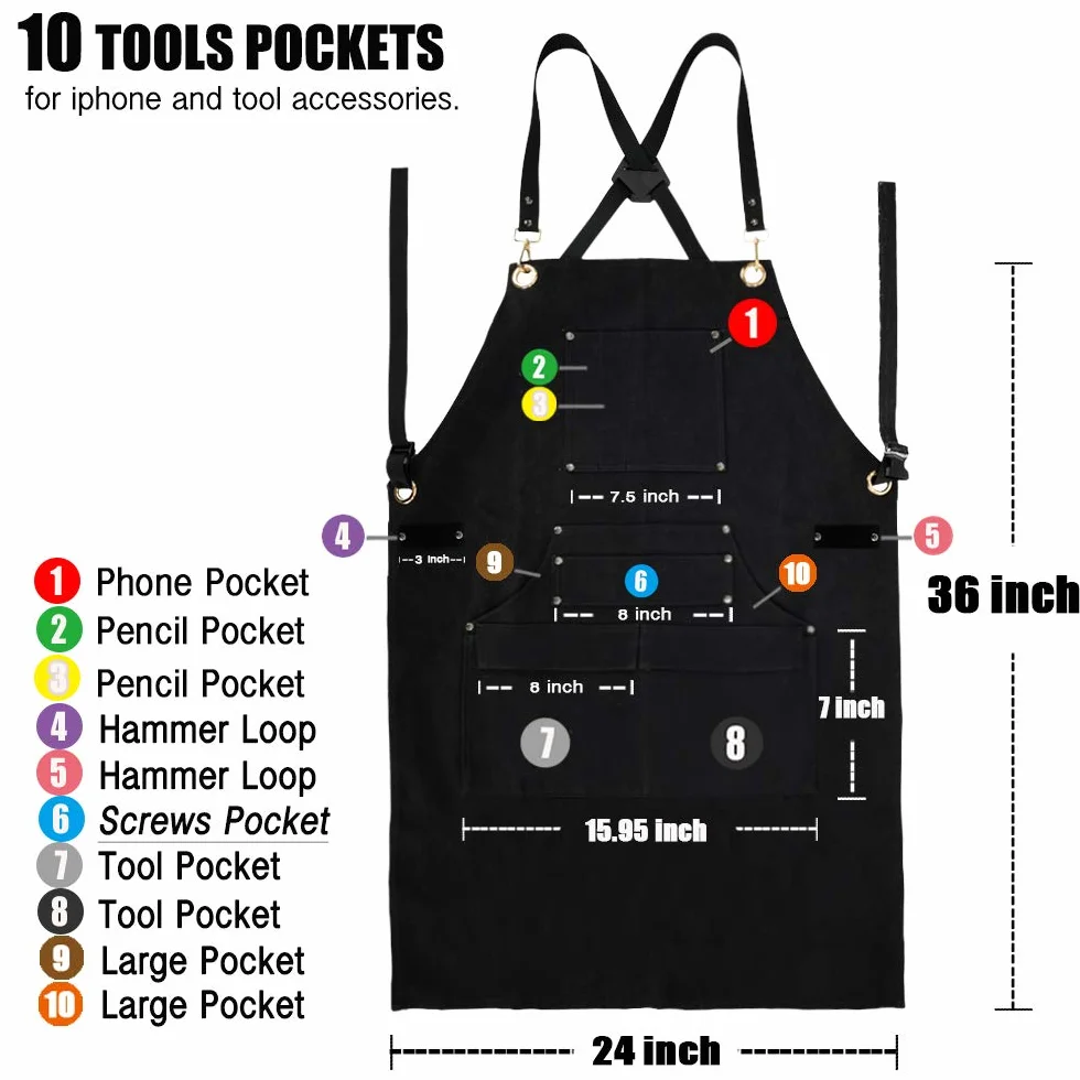 QeeLink Fartuch roboczy ognioodporny płócienny 10 kieszeni regulowany M-XXXL czarny 61cm