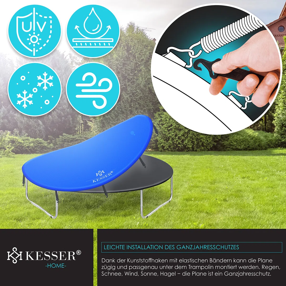 KESSER® Plandeka na trampolinę Ø 244/305/366/427 cm | odporna na warunki atmosferyczne, odporna na rozerwanie i promieniowanie UV | zewnętrzna plandeka ochronna na trampolinę
