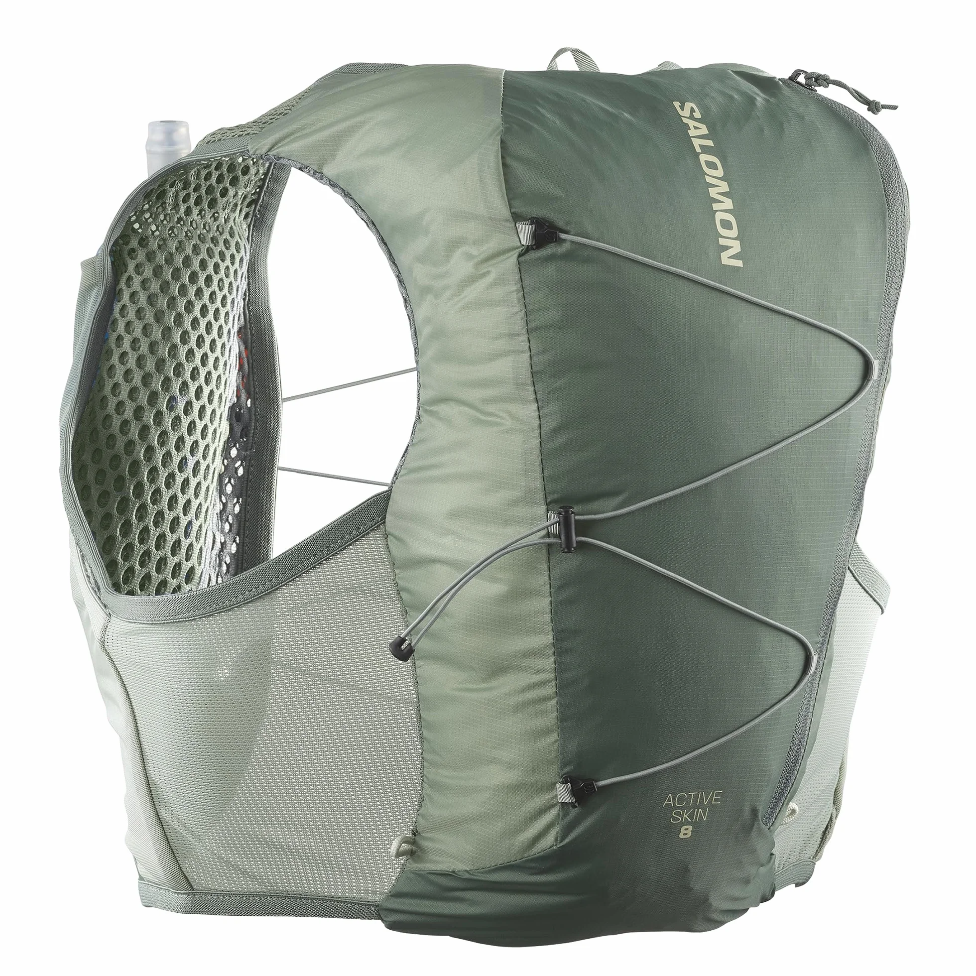 Salomon Active Skin 8 Unisex kamizelka nawadniająca do biegania szlak turystyczny z butelkami w zestawie, łatwe nawodnienie, precyzyjne dopasowanie 8 l i zoptymalizowane przechowywanie, zielona, M