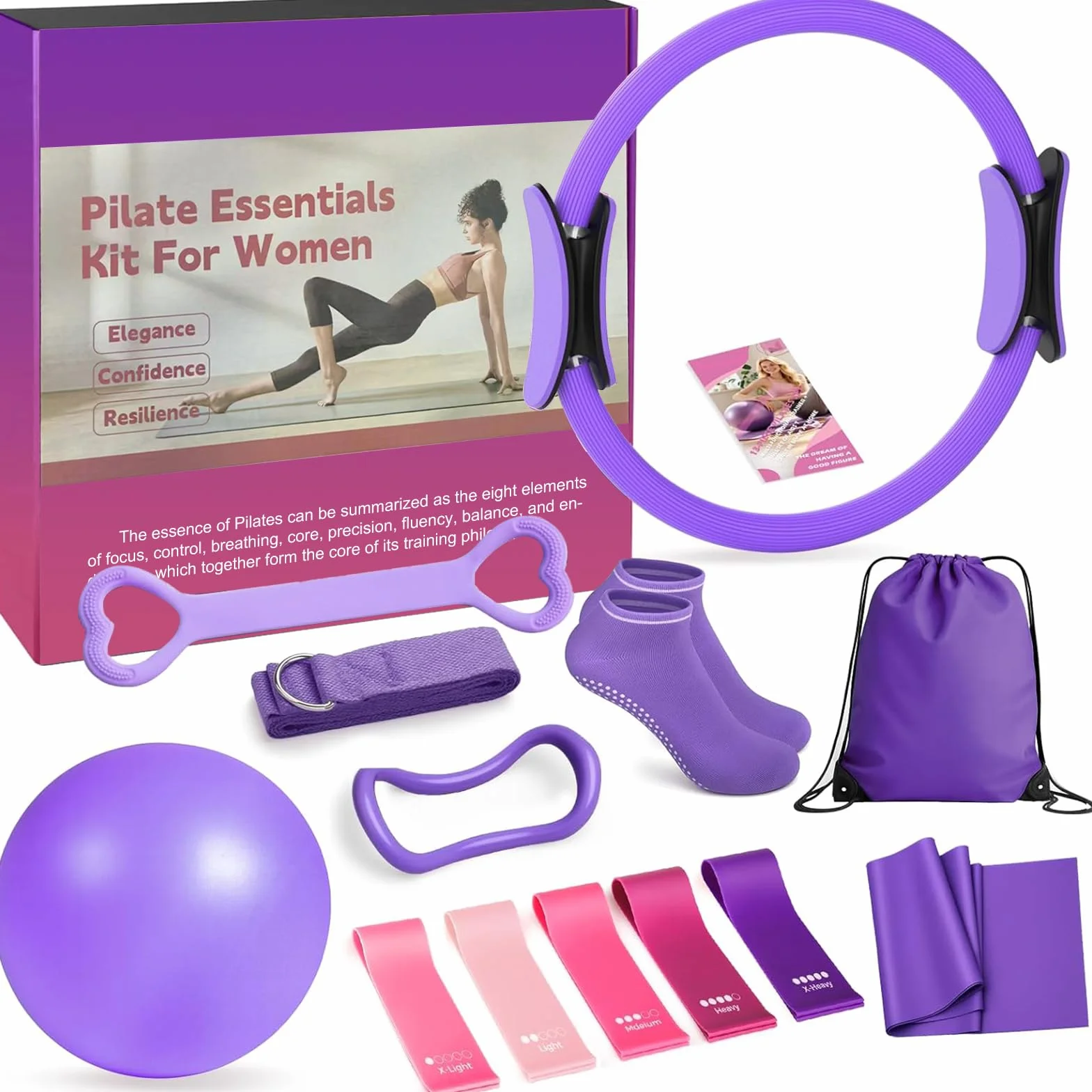 Zestaw do pilatesu 13-częściowy z piłką do jogi, paskiem, taśmami fitness, skarpetami, plakatem i torbą