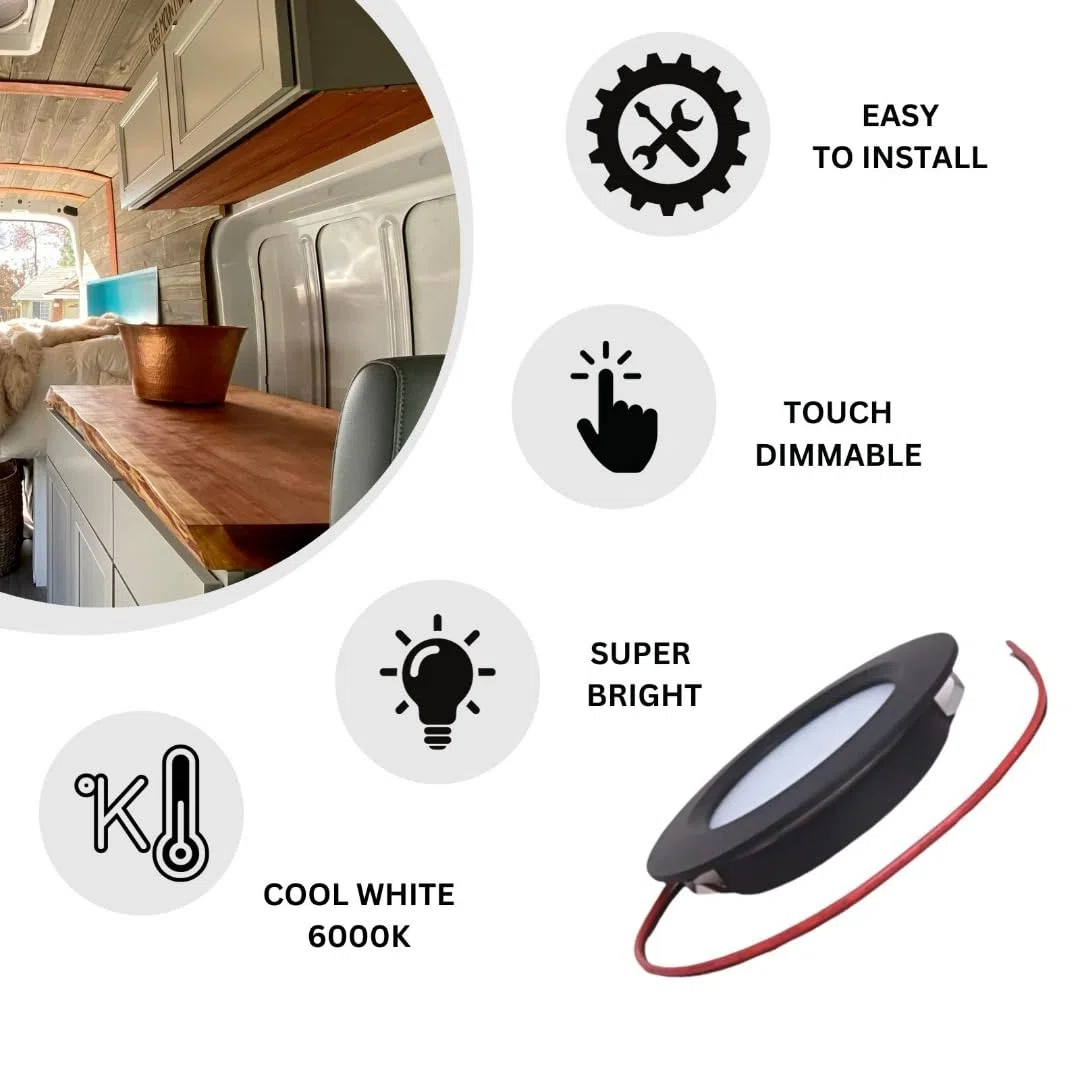 MARVIX 4 x oświetlenie punktowe LED 12 V, sterowanie dotykowe, włącznik/wyłącznik, ściemnianie, przyczepa kempingowa, łódź, czarne światła typu downlight, zimna biel, 6000 K