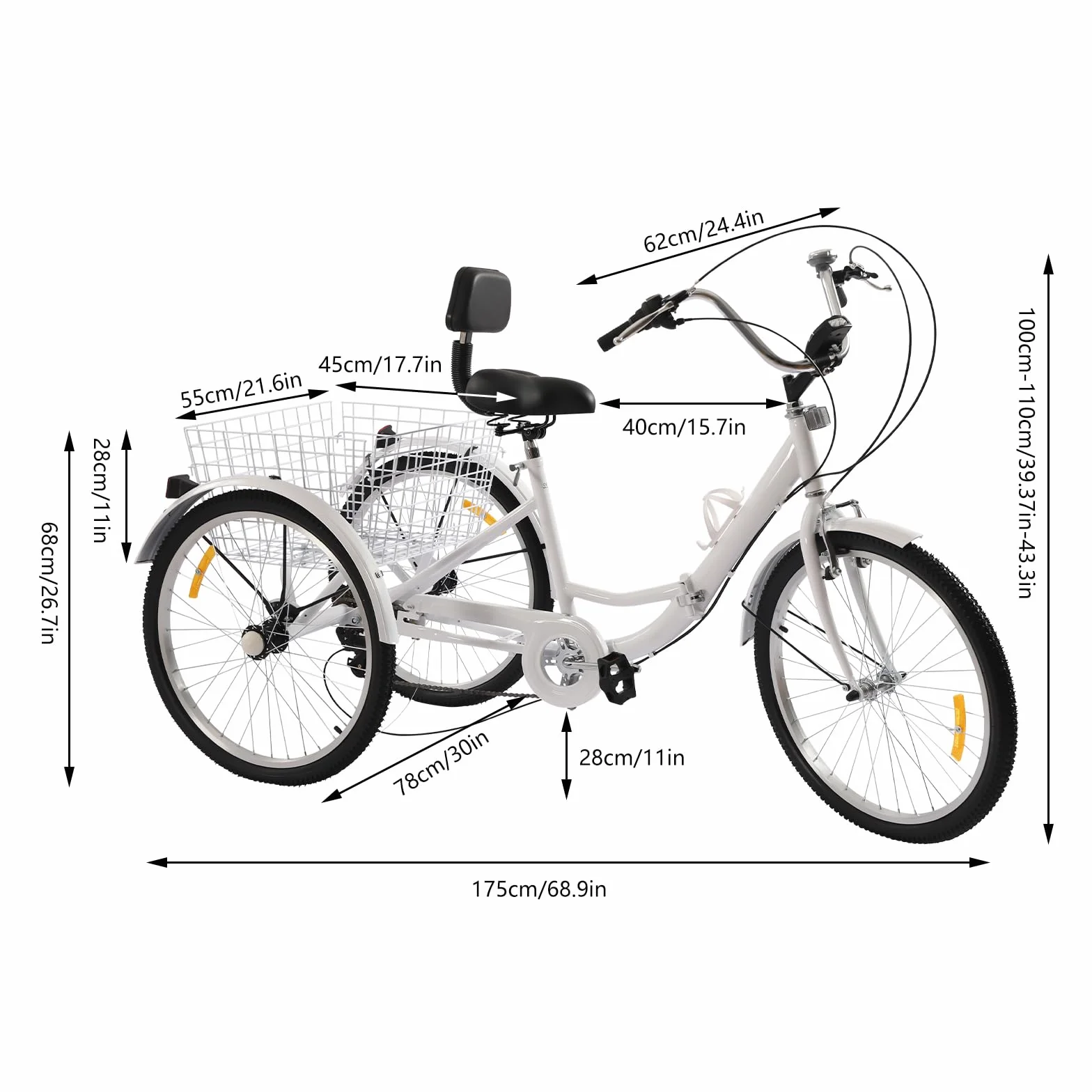 24" składany rower trójkołowy, 7-biegowy rower trójkołowy dla dorosłych, rower ładunkowy, 3-kołowy rower z koszem na zakupy i uchwytem na kubek oraz reflektorem, dla dorosłych, seniorów