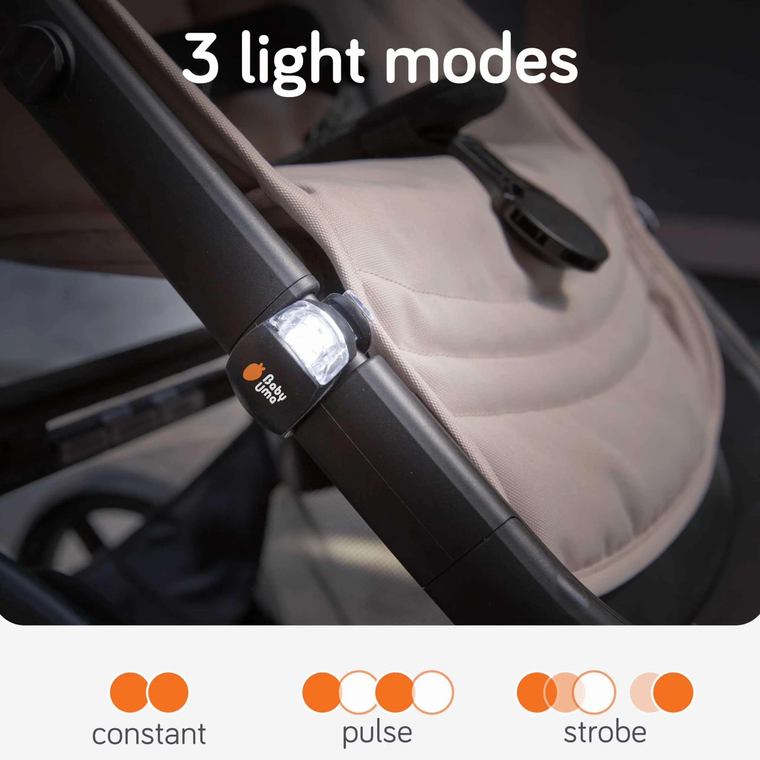 Baby Uma Światła LED do wózka dziecięcego (4 sztuki) – uniwersalne z 3 trybami świecenia (stałe/pulsowe/stroboskopowe), lampki do wózka dziecięcego i rowerowego z przodu i z tyłu (2 białe reflektory i
