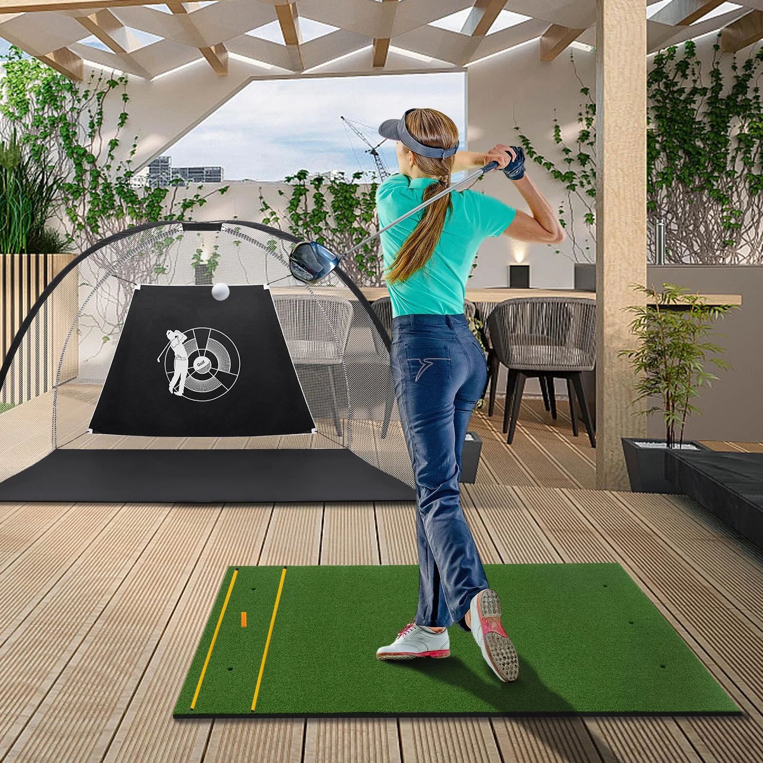 COSTWAY Mata do gry w golfa, mata do ćwiczeń golfowych w zestawie z 2 gumowymi teami i 2 prętami wyrównującymi, mata golfowa z 6 pozycjami odbicia, do użytku wewnątrz i na zewnątrz