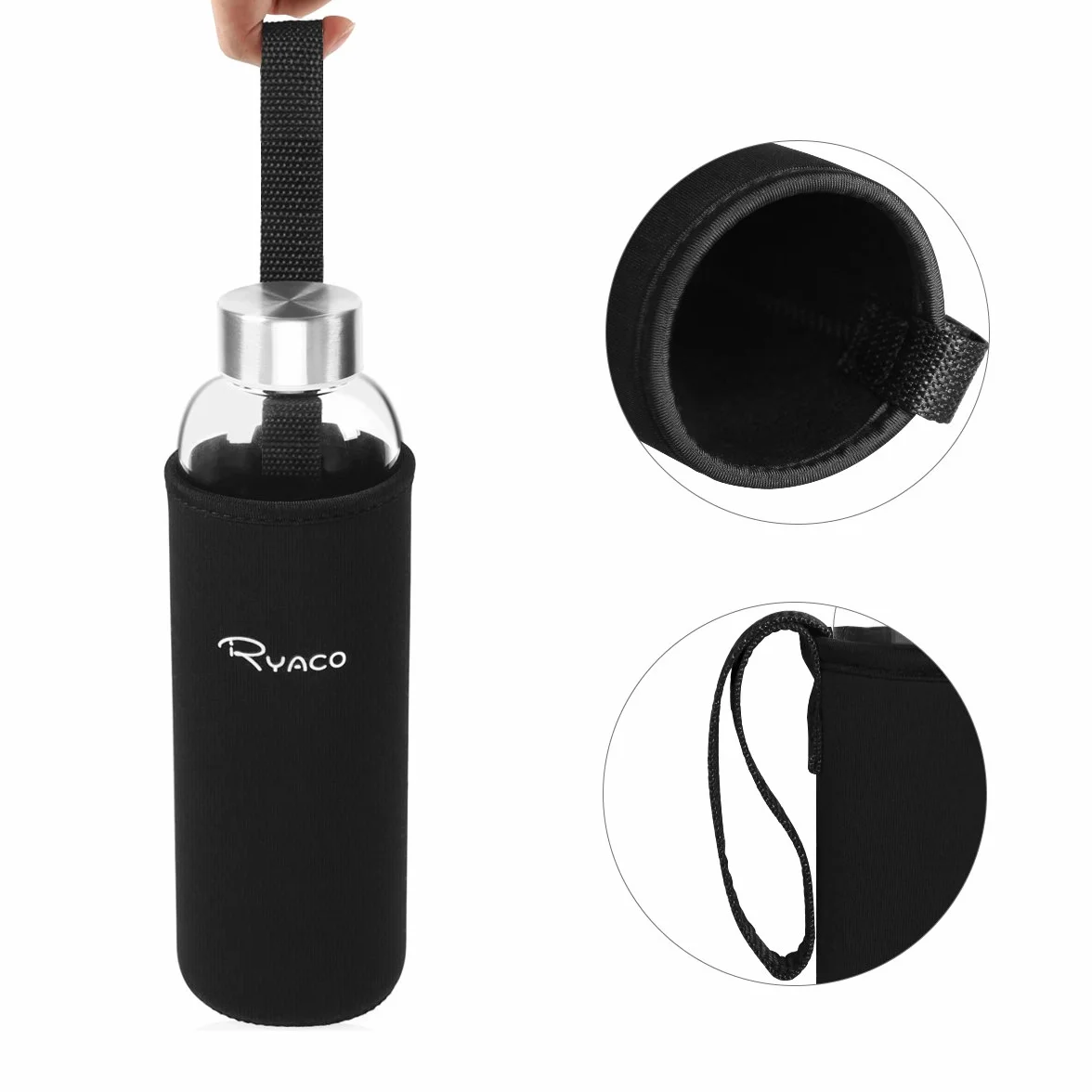 RYACO Butelka na wodę ze szkła borokrzemowego, 550 ml, bez BPA, szczelna, do szkoły, domu, biura, podróży, sportu, jogi, siłowni, gorących/zimnych napojów, z neoprenowym rękawem i szczotką z gąbki