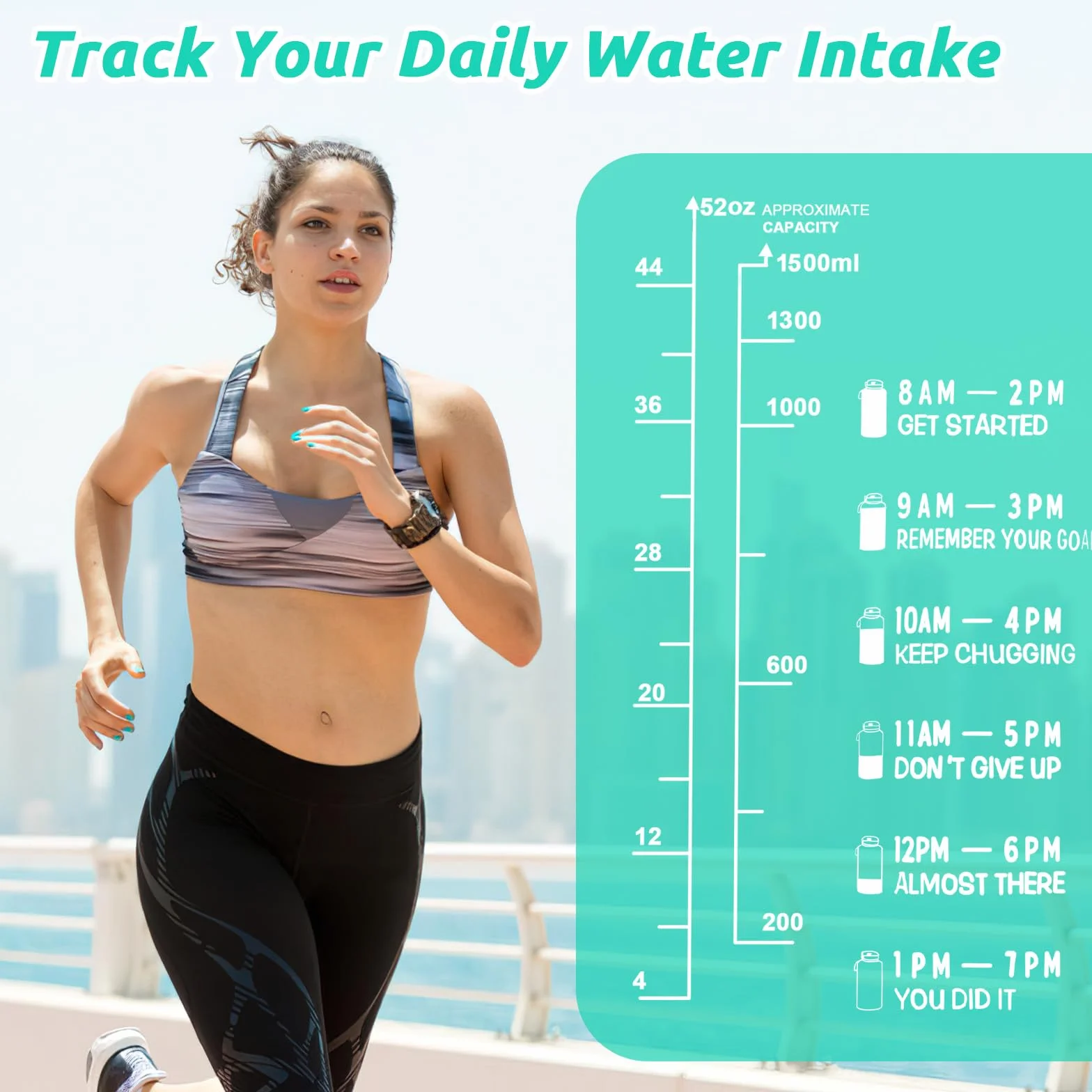 UTEBIT Butelka na wodę z zaparzaczem na owoce, 1,5 l, szczelna, sportowa ze znacznikami czasu, tritan, bez BPA, motywacyjna do fitnessu, siłowni, na rower