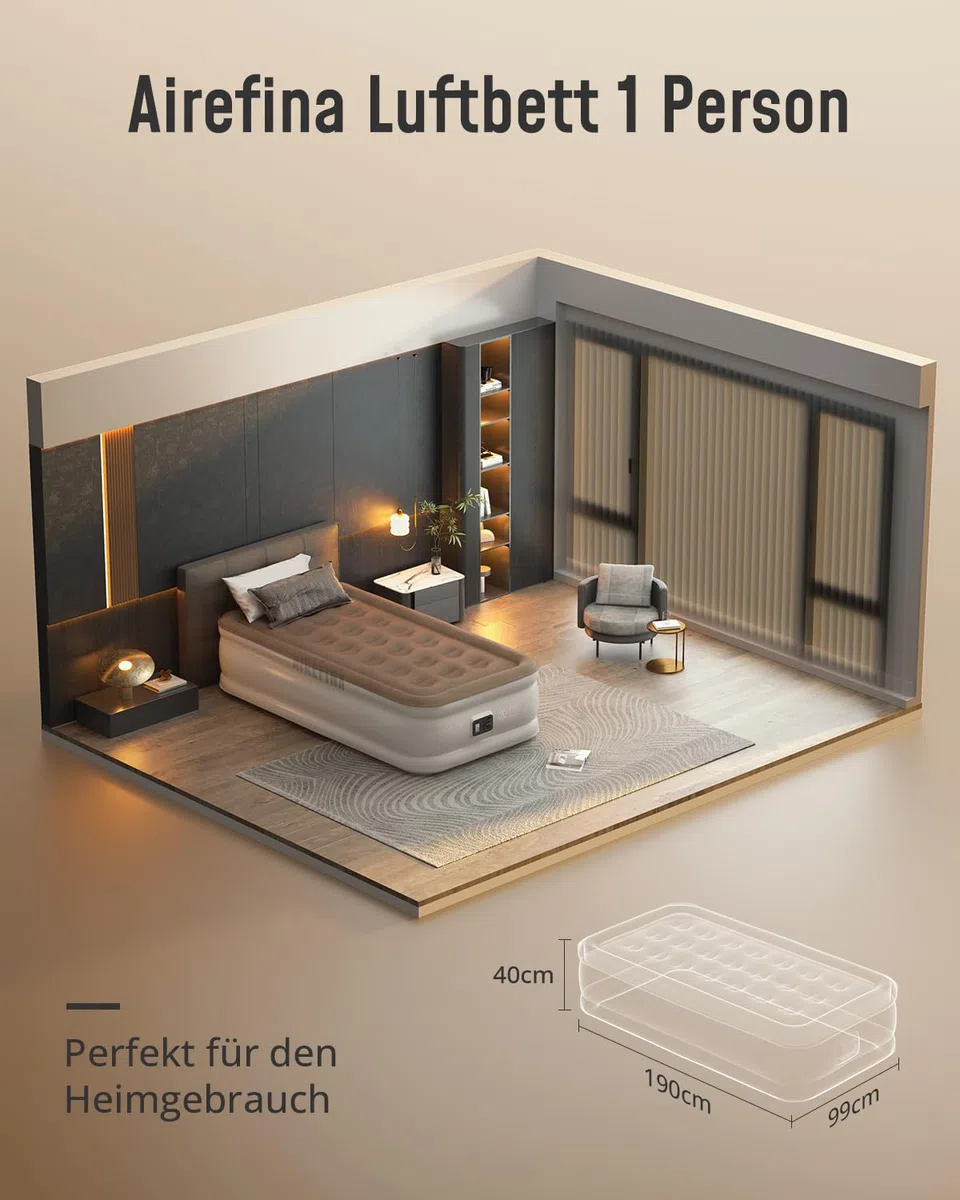 Airefina Łóżko dmuchane dla 1 osoby, samopompujący materac w 2,5 minut, przenośne do gości, kemping i domu – 190 x 99 x 40 cm