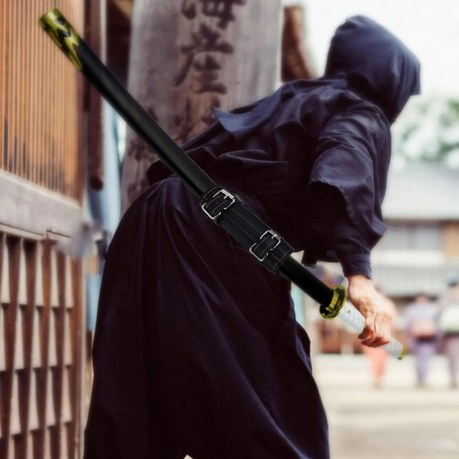 Nizirioo Uchwyt na miecz katana z czarnym paskiem 105 cm, wytrzymała nylonowa obudowa do wygodnego noszenia, idealny dla entuzjastów cosplay i samurajów, akcesorium do rekonstrukcji
